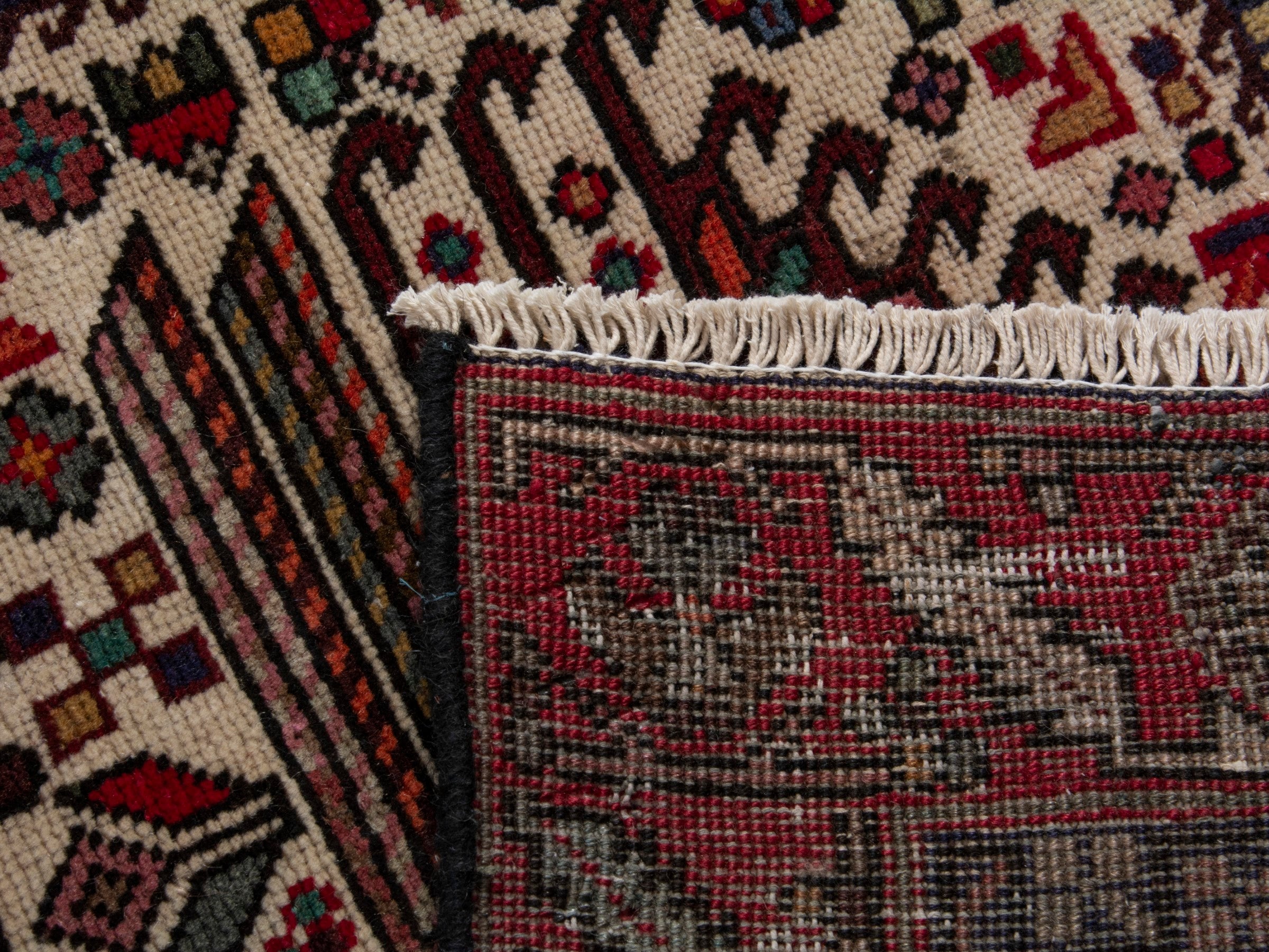 Persian Gharajeh runner rug in ivory and burgundy, view 18 of 18