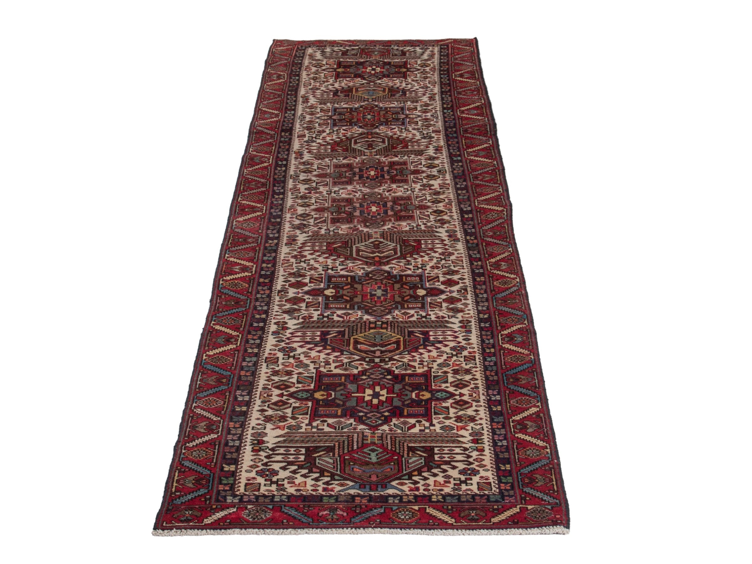 Persian Gharajeh runner rug in ivory and burgundy, view 2 of 18