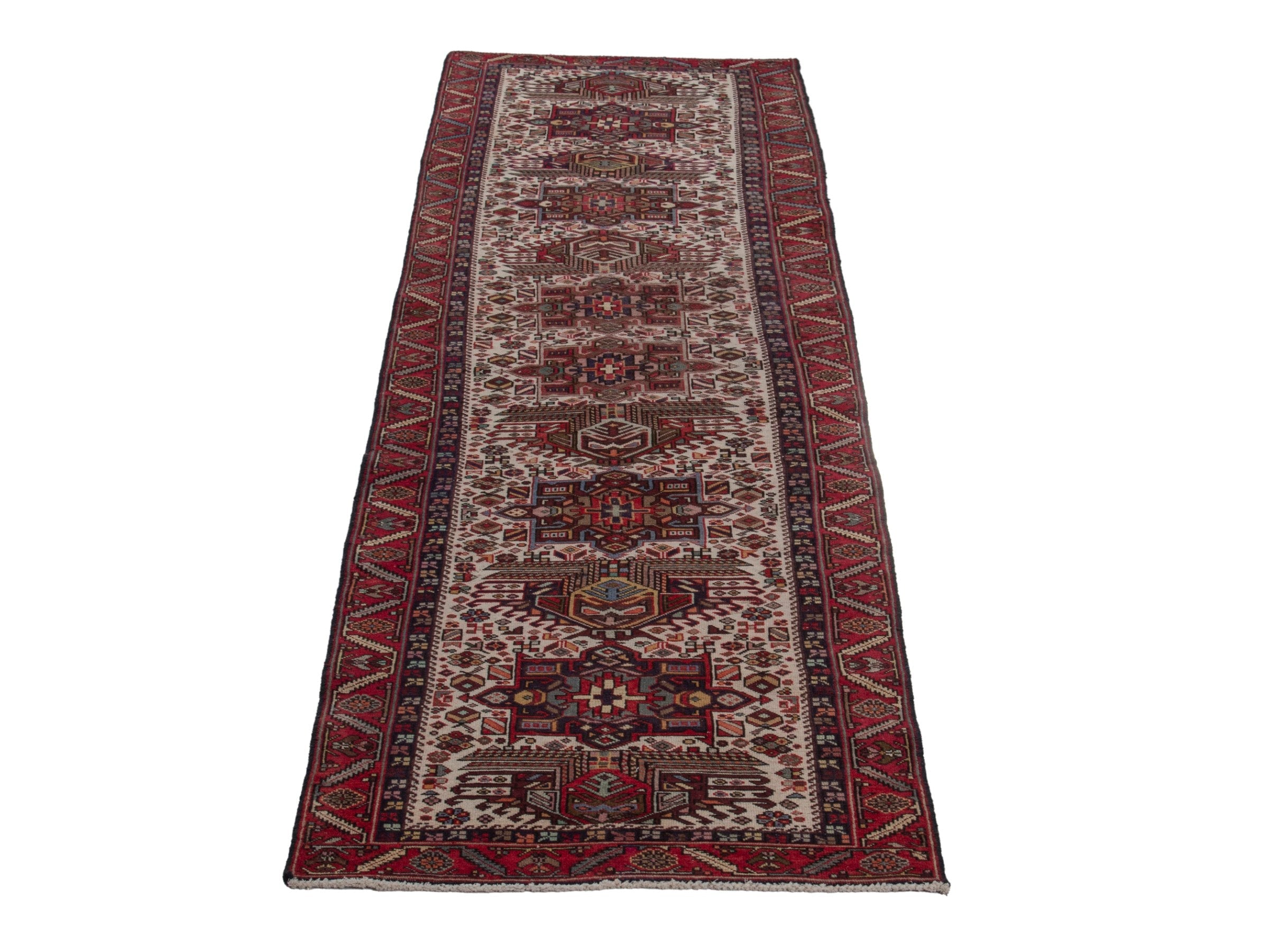 Persian Gharajeh runner rug in ivory and burgundy, view 3 of 18