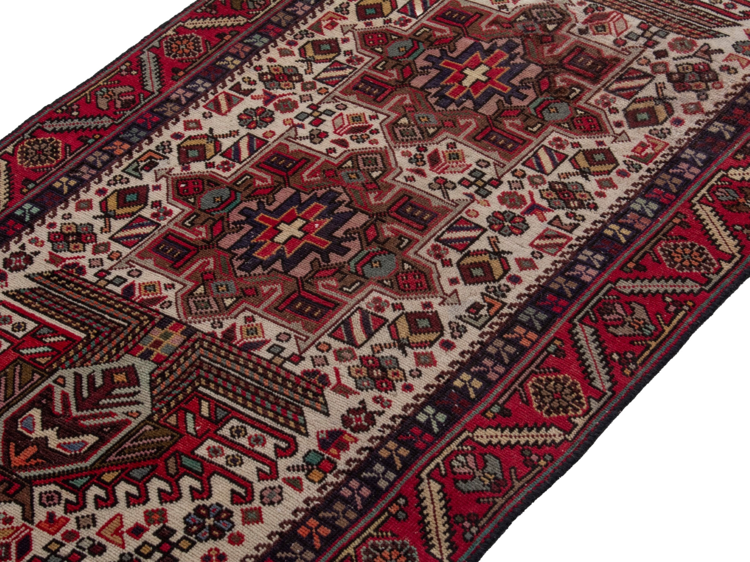 Persian Gharajeh runner rug in ivory and burgundy, view 4 of 18