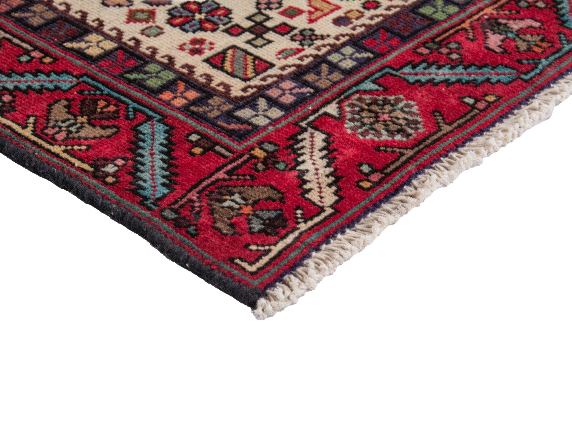 Persian Gharajeh runner rug in ivory and burgundy, view 6 of 18