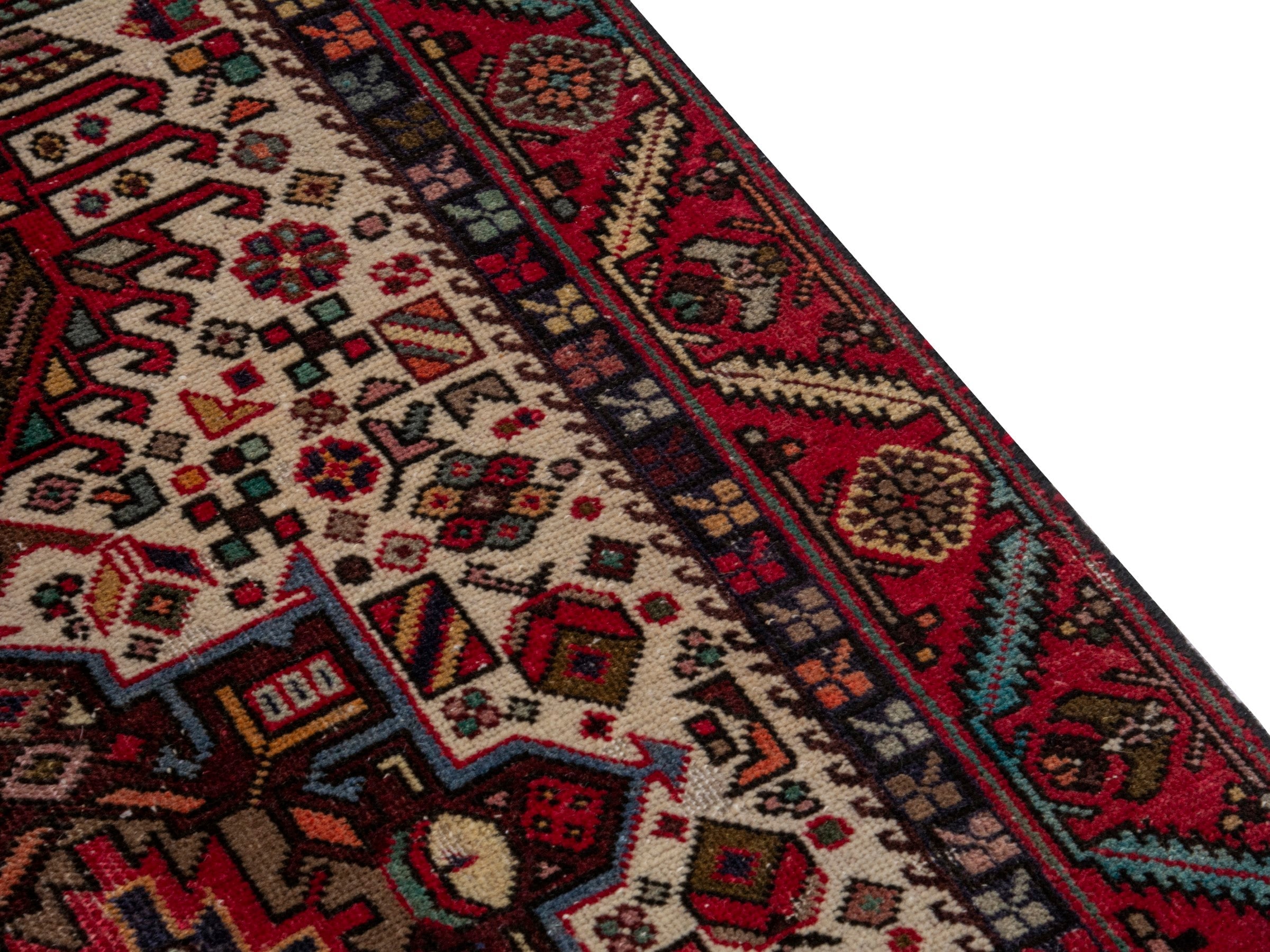 Persian Gharajeh runner rug in ivory and burgundy, view 7 of 18