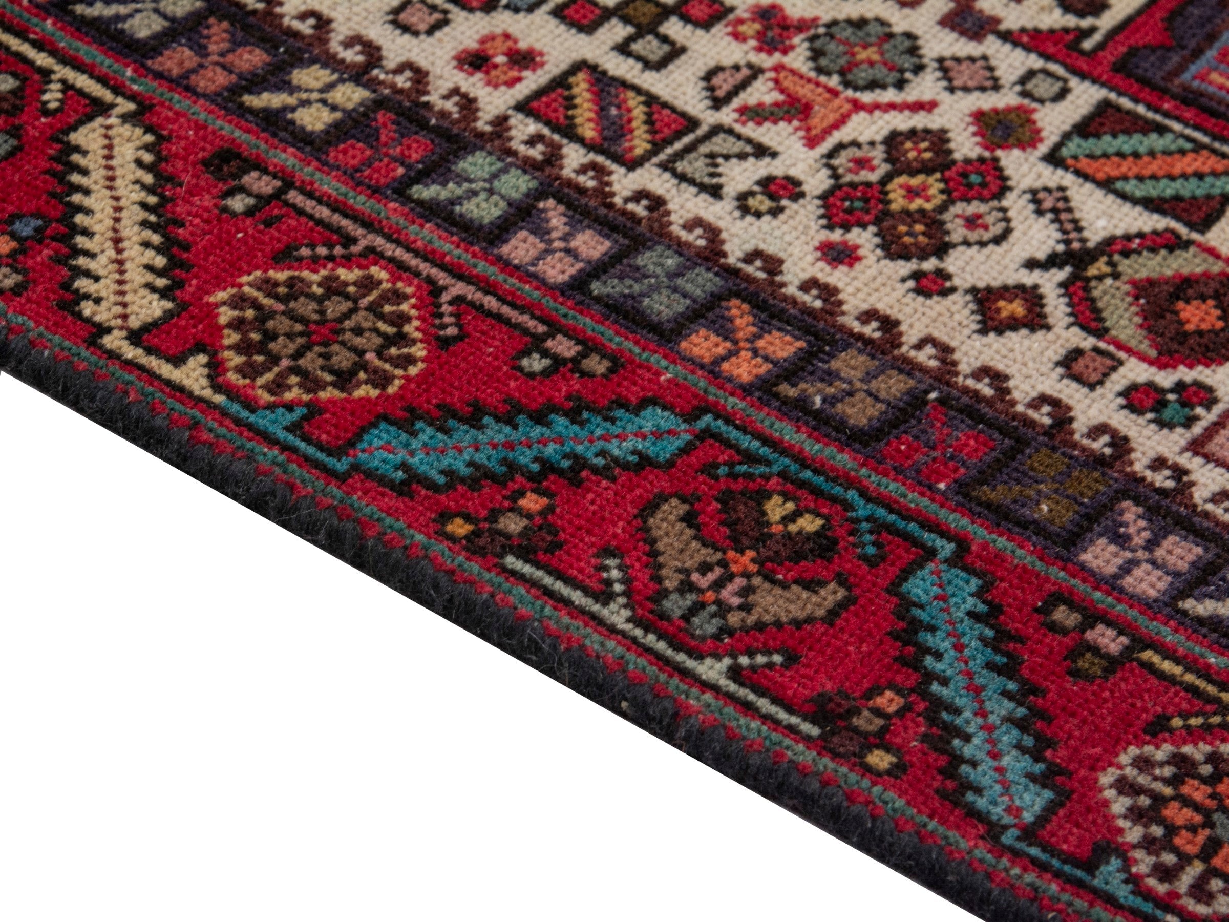 Persian Gharajeh runner rug in ivory and burgundy, view 8 of 18