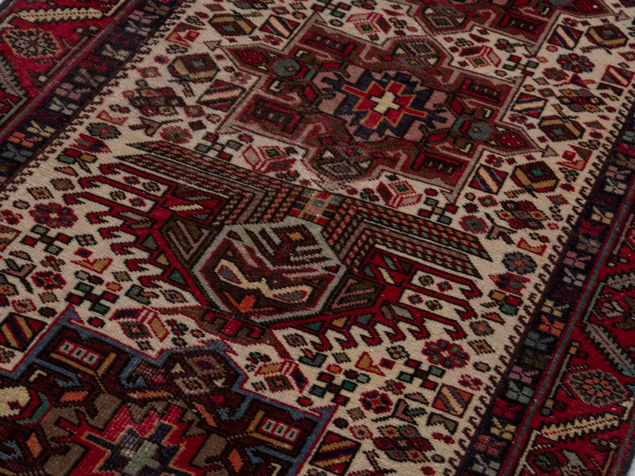 Persian Gharajeh runner rug in ivory and burgundy, view 9 of 18