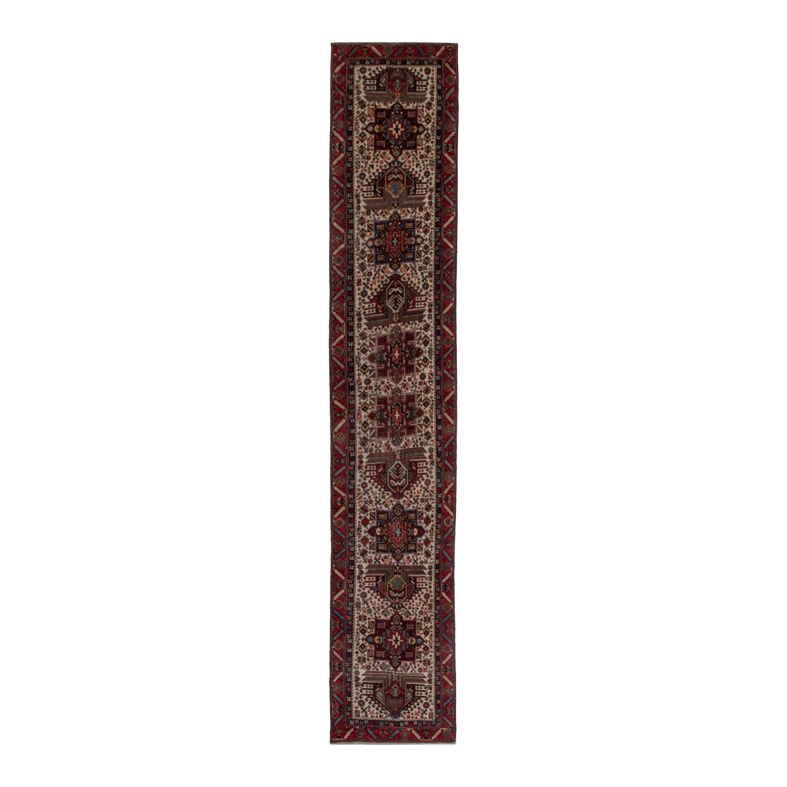 Persian Gharajeh runner rug in ivory and burgundy, 2'7" x 12'10"