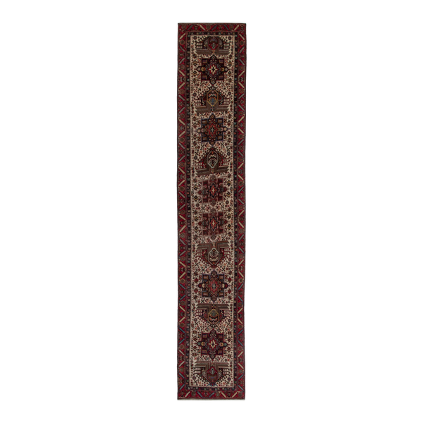 Persian Gharajeh runner rug in ivory and burgundy, 2'7" x 12'10"