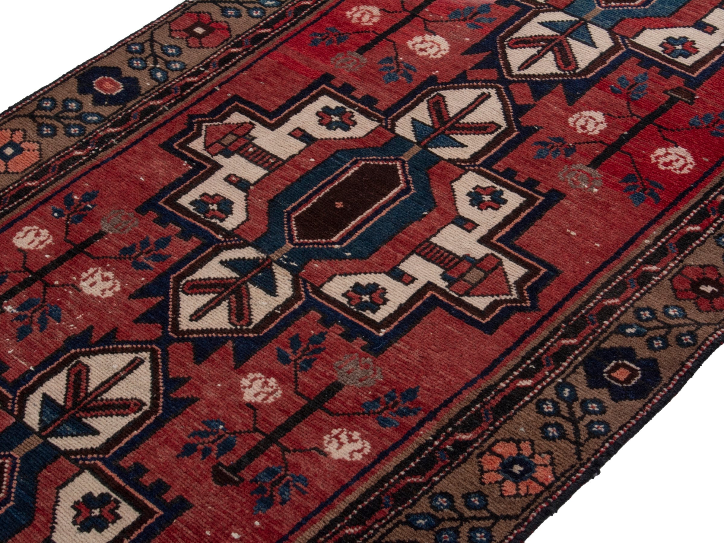 Persian Hamedan runner rug in deep red and dark brown, view 4 of 18