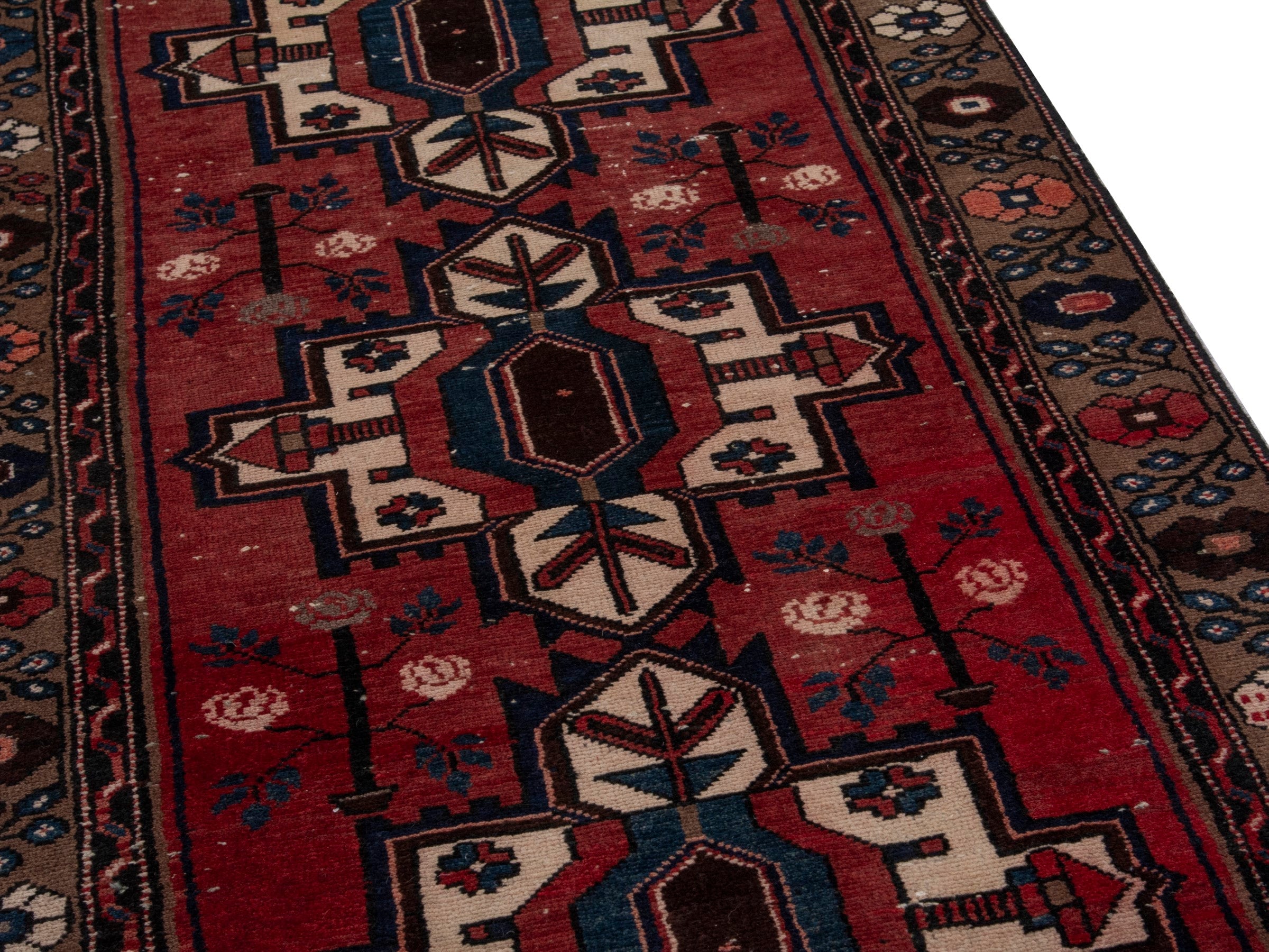 Persian Hamedan runner rug in deep red and dark brown, view 9 of 18
