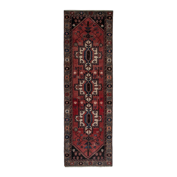 Persian Hamadan runner rug in deep red and dark brown, 3'1" x 9'10"