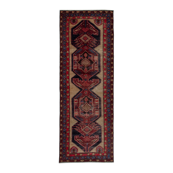 Persian Ardabil runner rug in cream and deep red, 3'9" x 9'11"