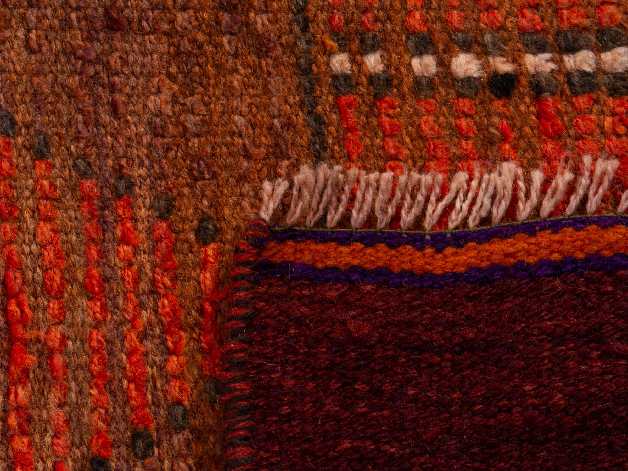 Persian Shiraz runner rug in rust and muted pink, view 17 of 17