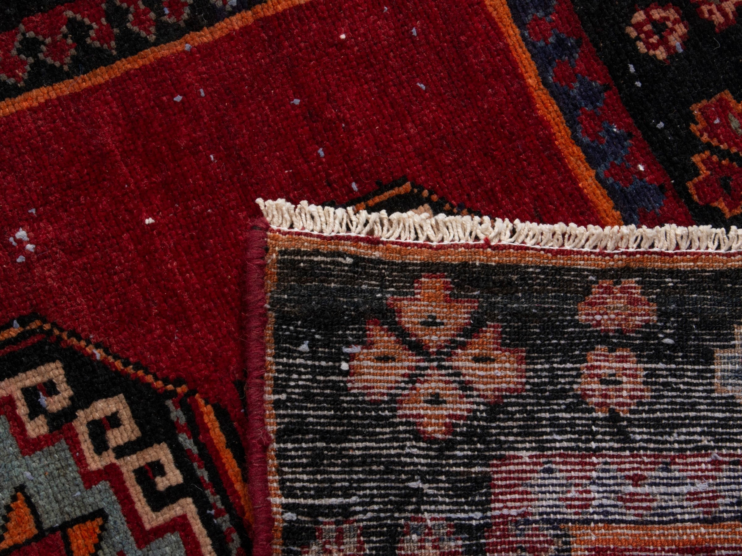 Persian Saveh runner rug in deep red and navy, view 17 of 17