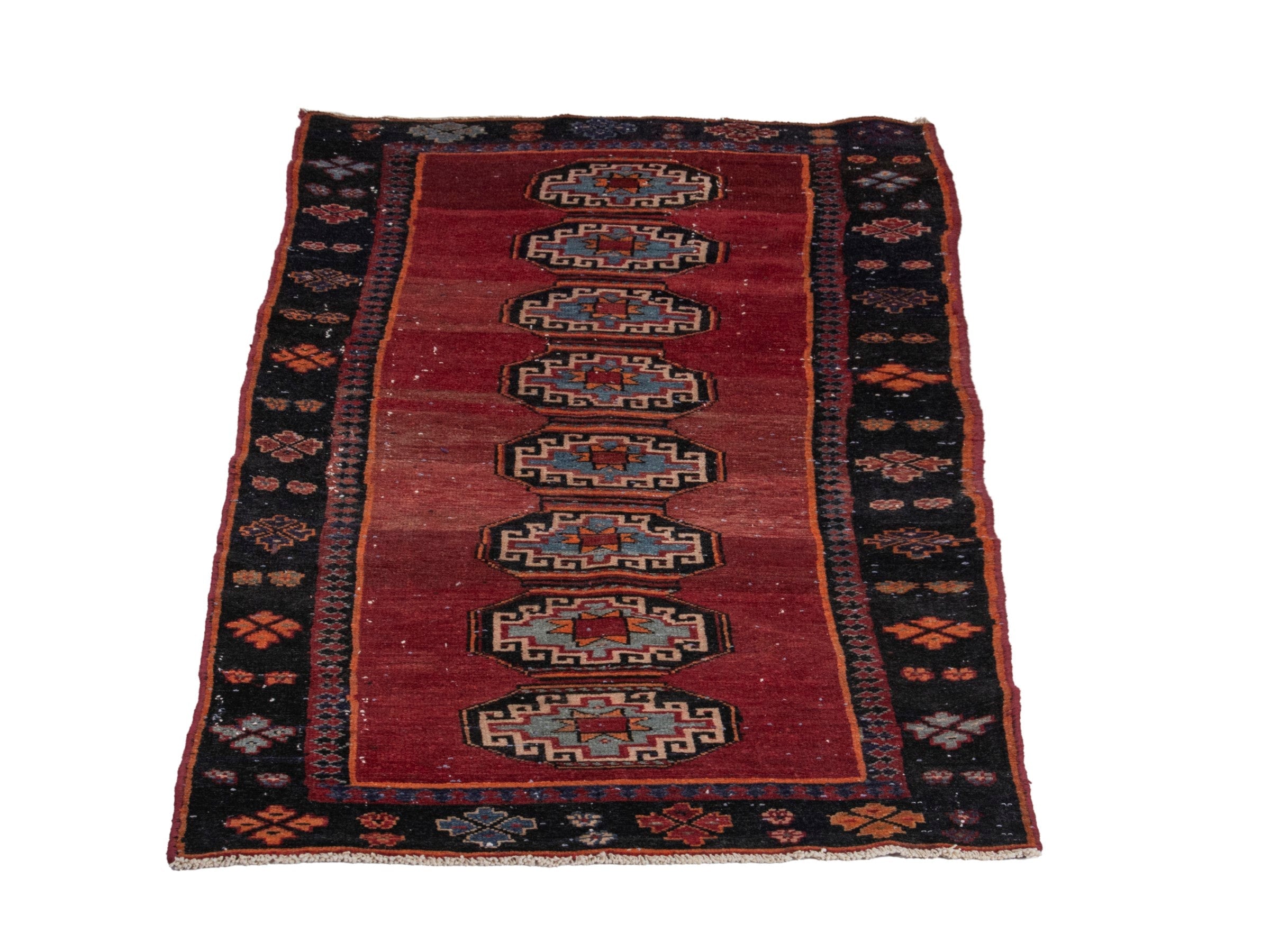 Persian Saveh runner rug in deep red and navy, view 2 of 17