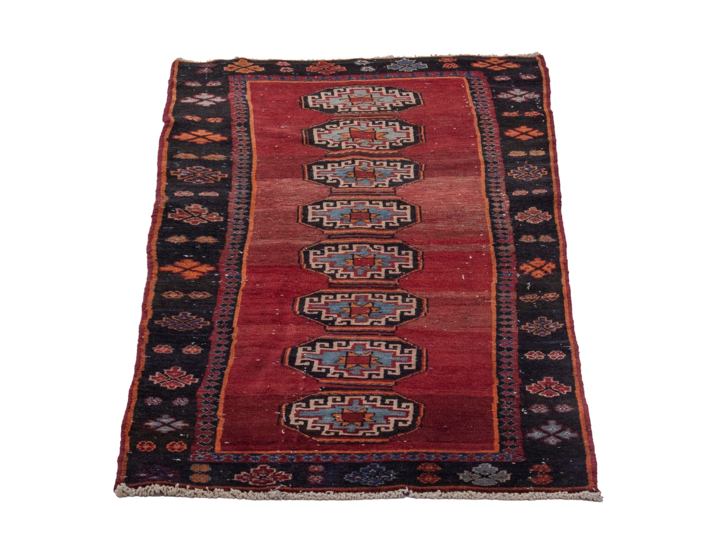 Persian Saveh runner rug in deep red and navy, view 3 of 17