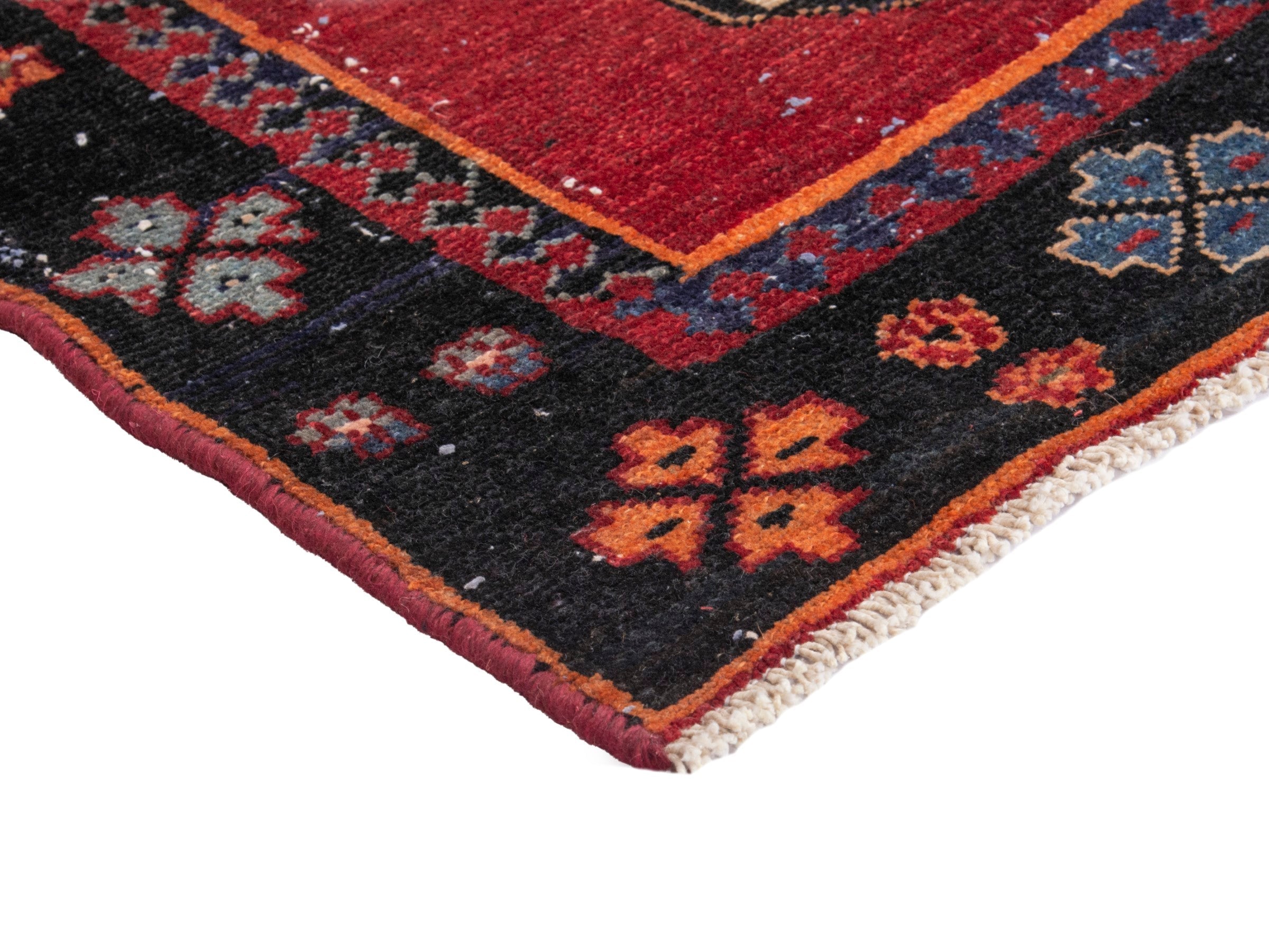 Persian Saveh runner rug in deep red and navy, view 6 of 17