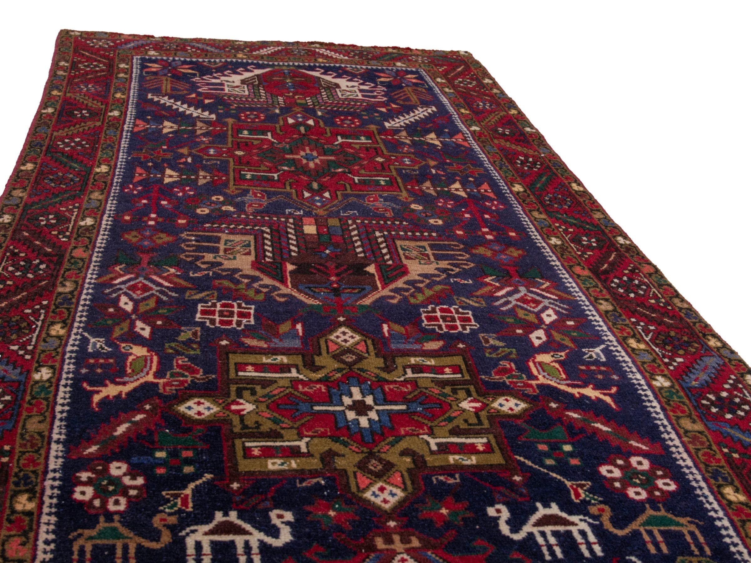 Persian Gharajeh runner rug in navy and burgundy, view 10 of 17