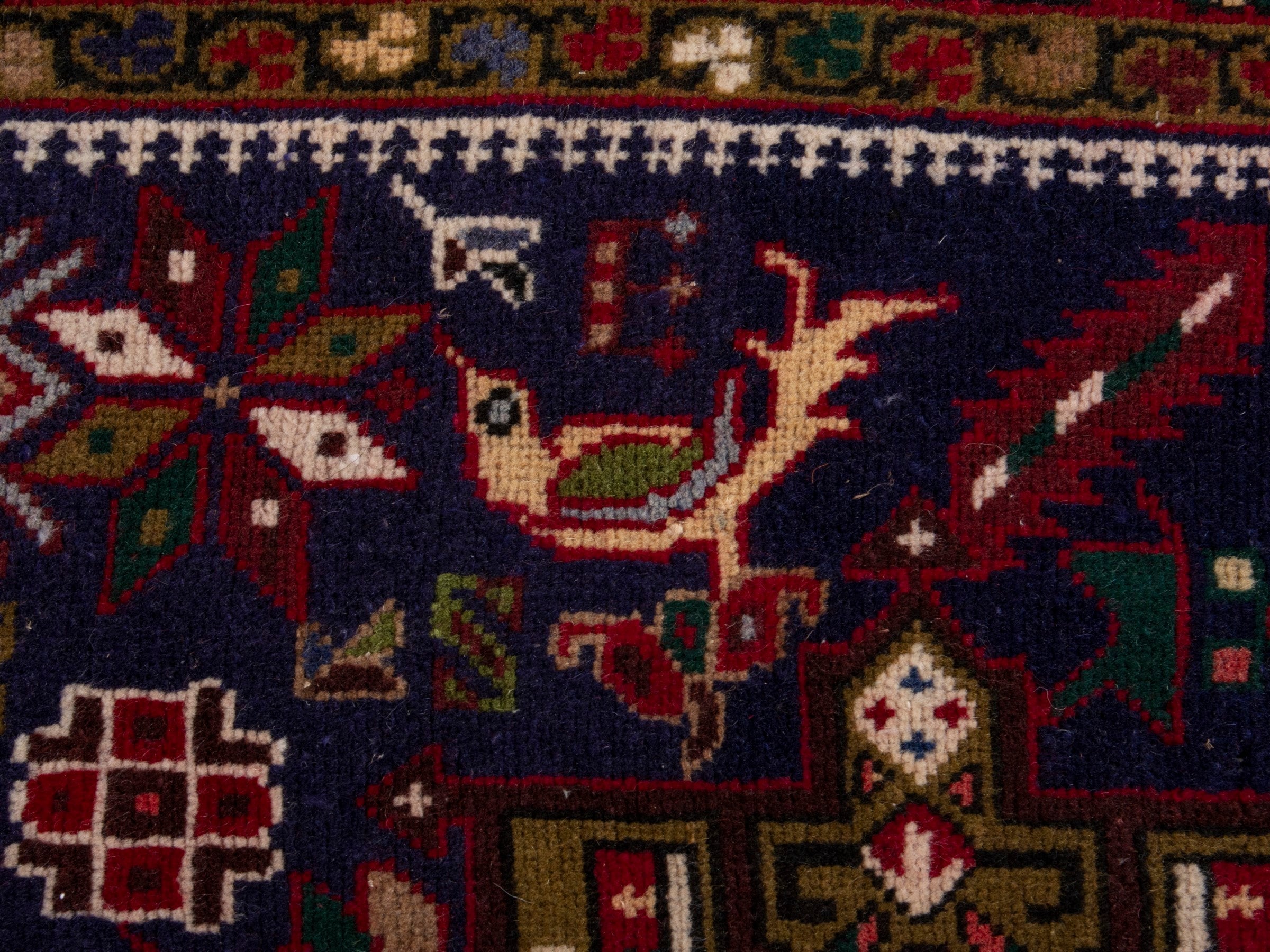 Persian Gharajeh runner rug in navy and burgundy, view 12 of 17