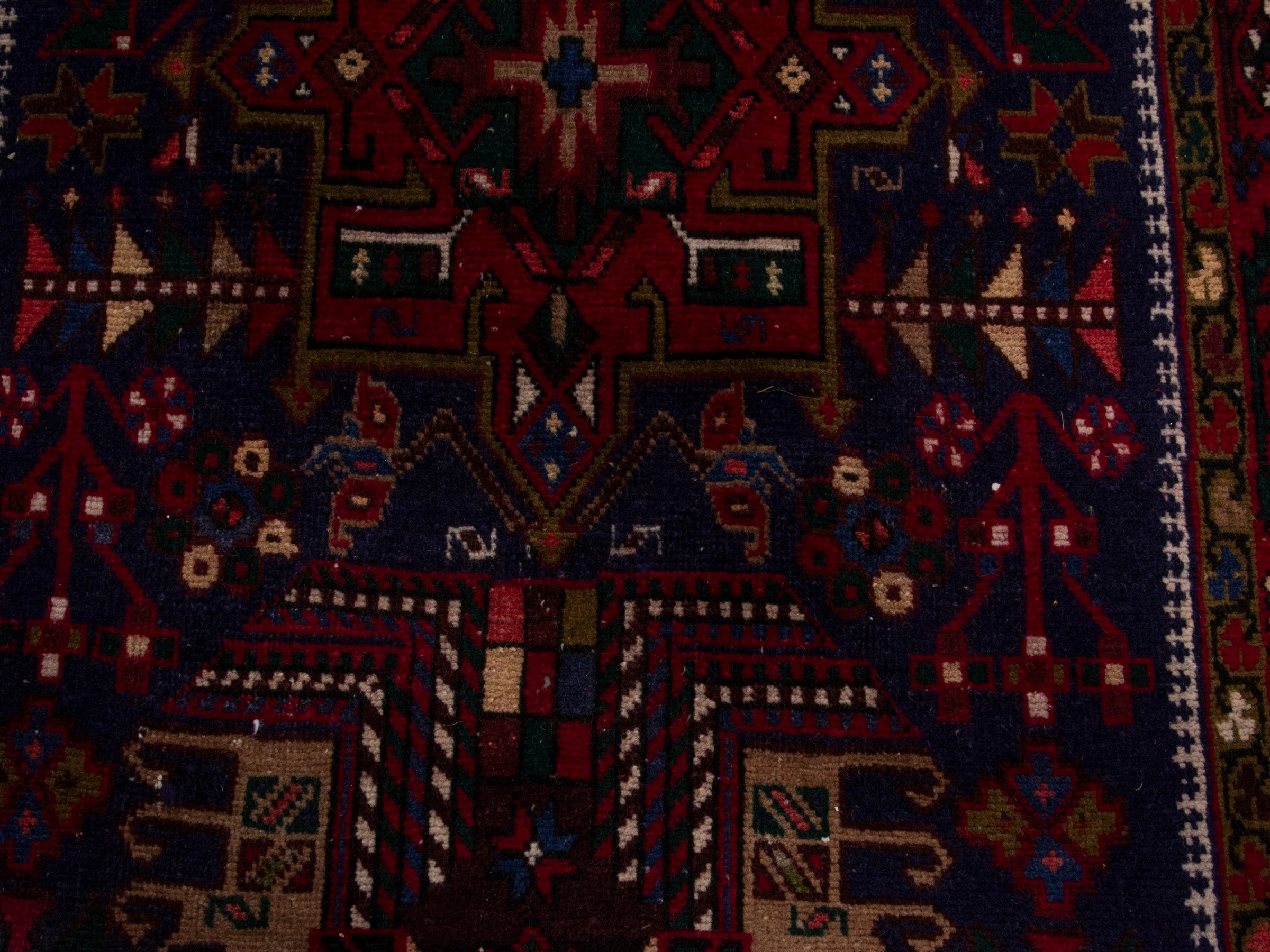 Persian Gharajeh runner rug in navy and burgundy, view 13 of 17