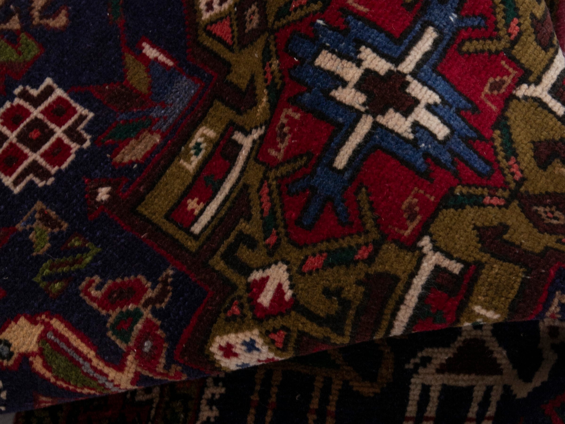 Persian Gharajeh runner rug in navy and burgundy, view 15 of 17