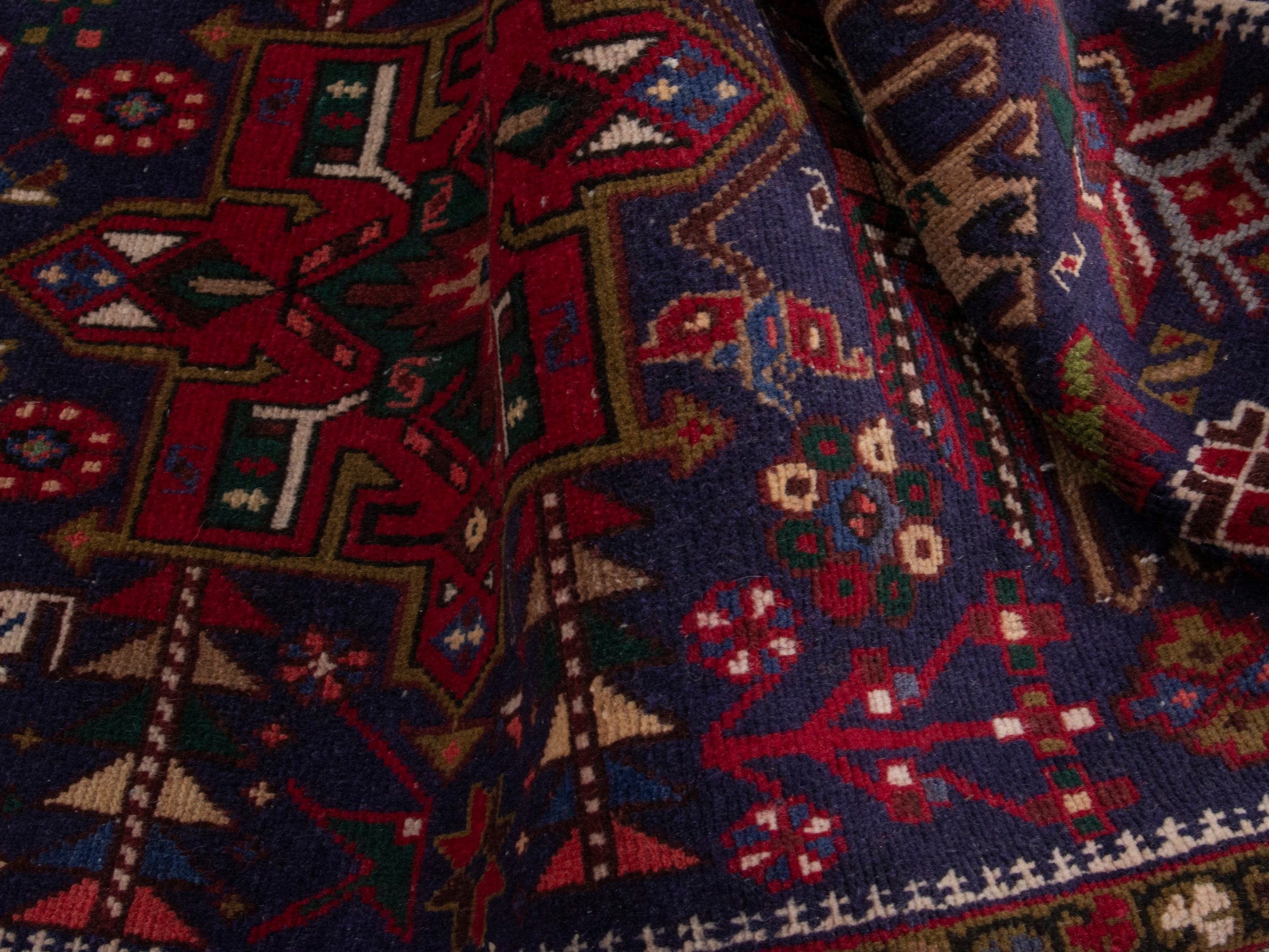 Persian Gharajeh runner rug in navy and burgundy, view 16 of 17