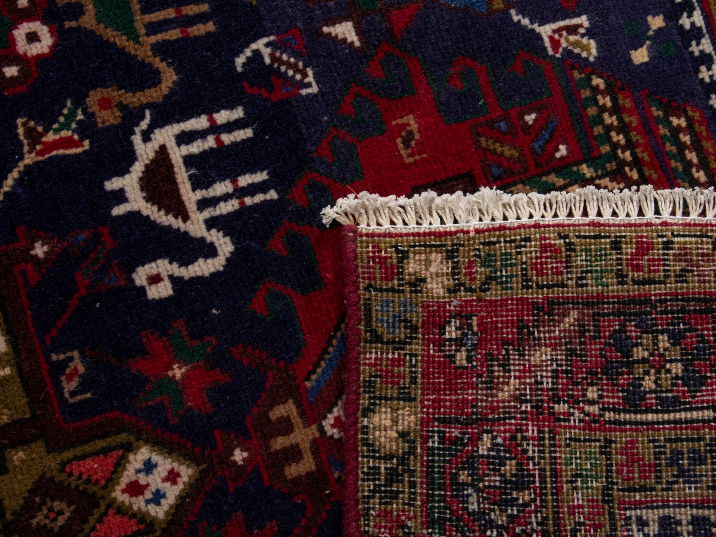 Persian Gharajeh runner rug in navy and burgundy, view 17 of 17