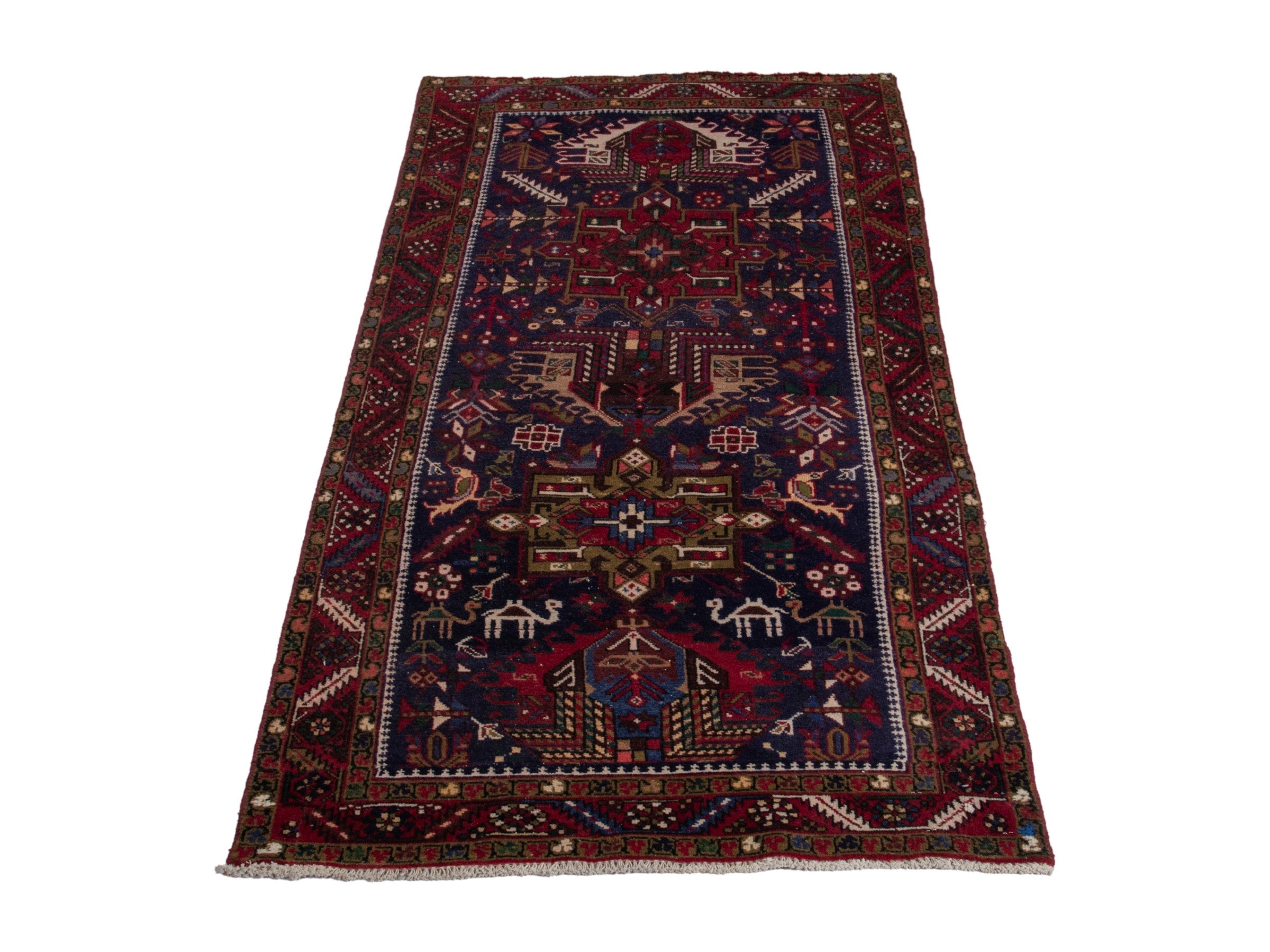 Persian Gharajeh runner rug in navy and burgundy, view 2 of 17