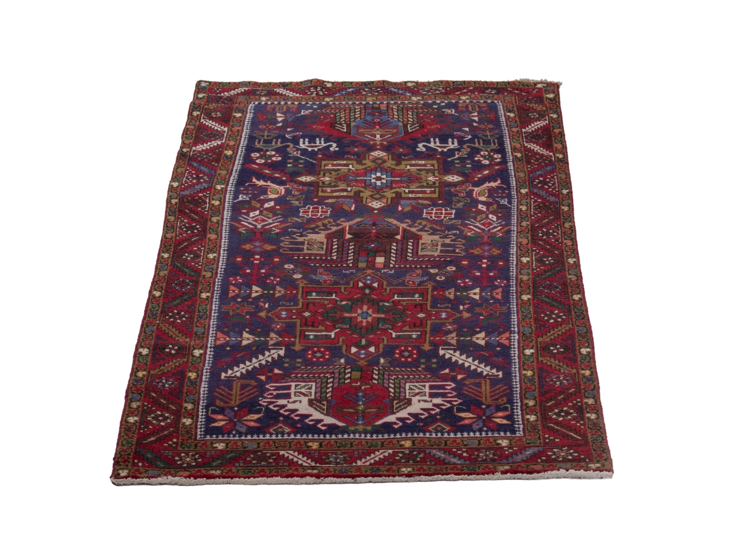 Persian Gharajeh runner rug in navy and burgundy, view 3 of 17