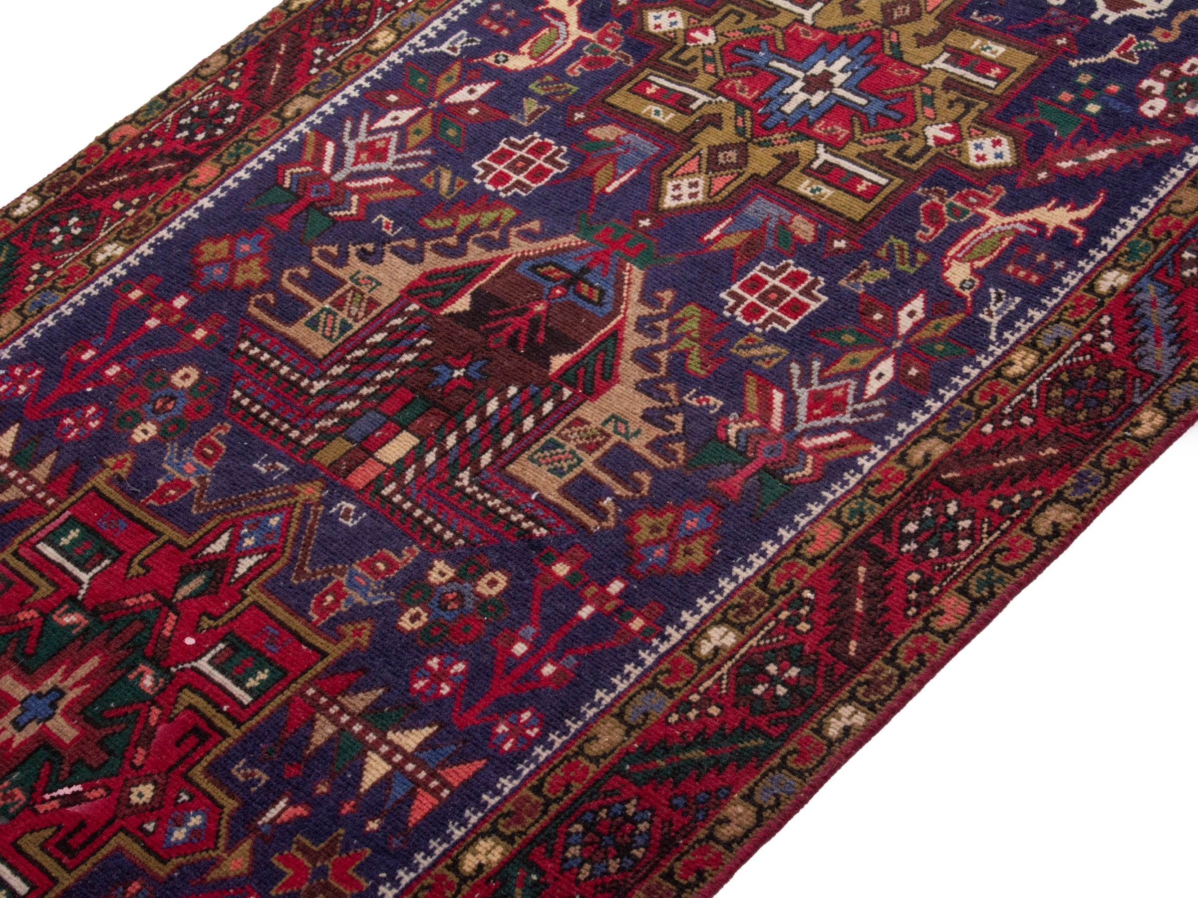 Persian Gharajeh runner rug in navy and burgundy, view 4 of 17