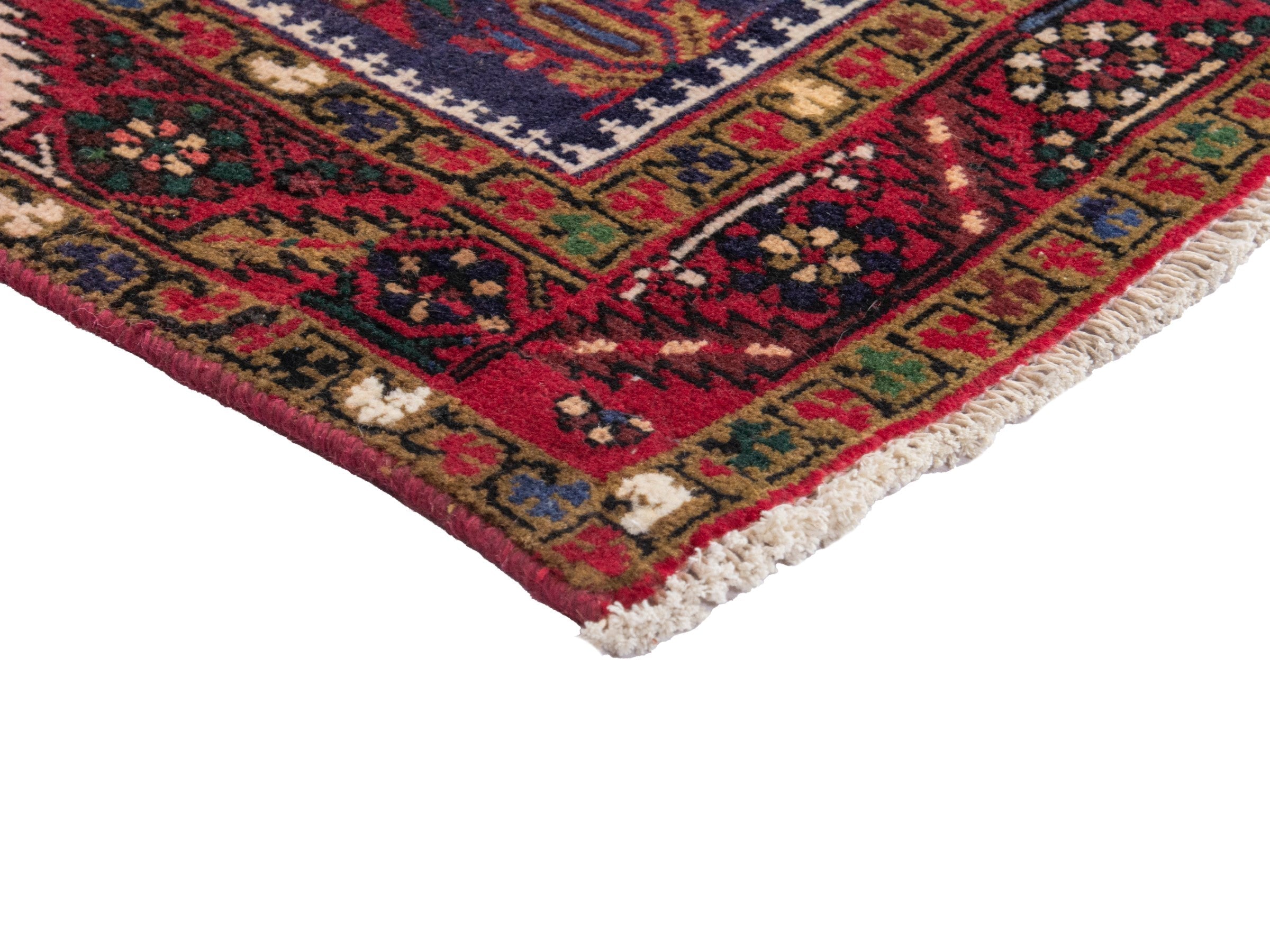 Persian Gharajeh runner rug in navy and burgundy, view 6 of 17