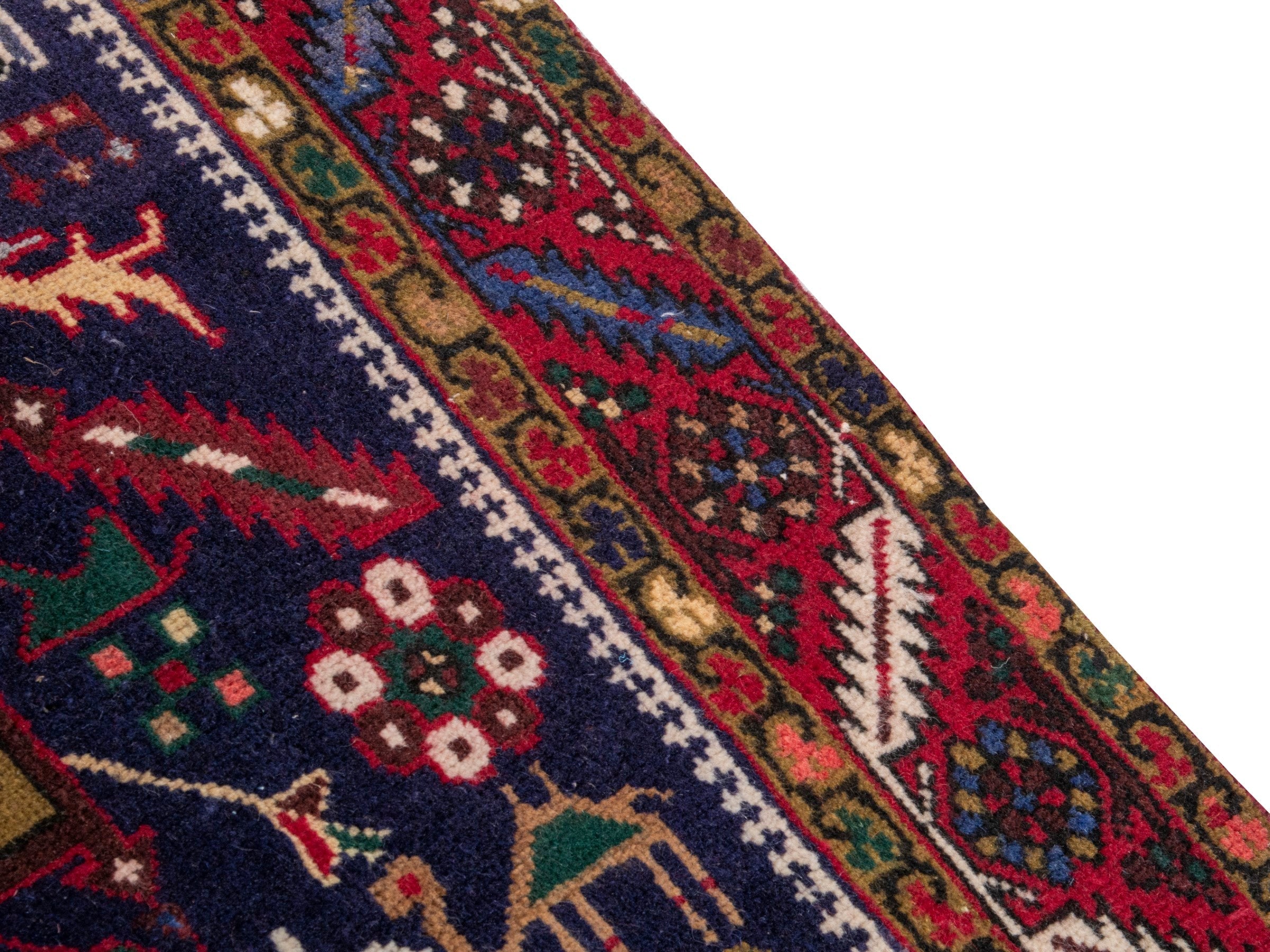 Persian Gharajeh runner rug in navy and burgundy, view 7 of 17