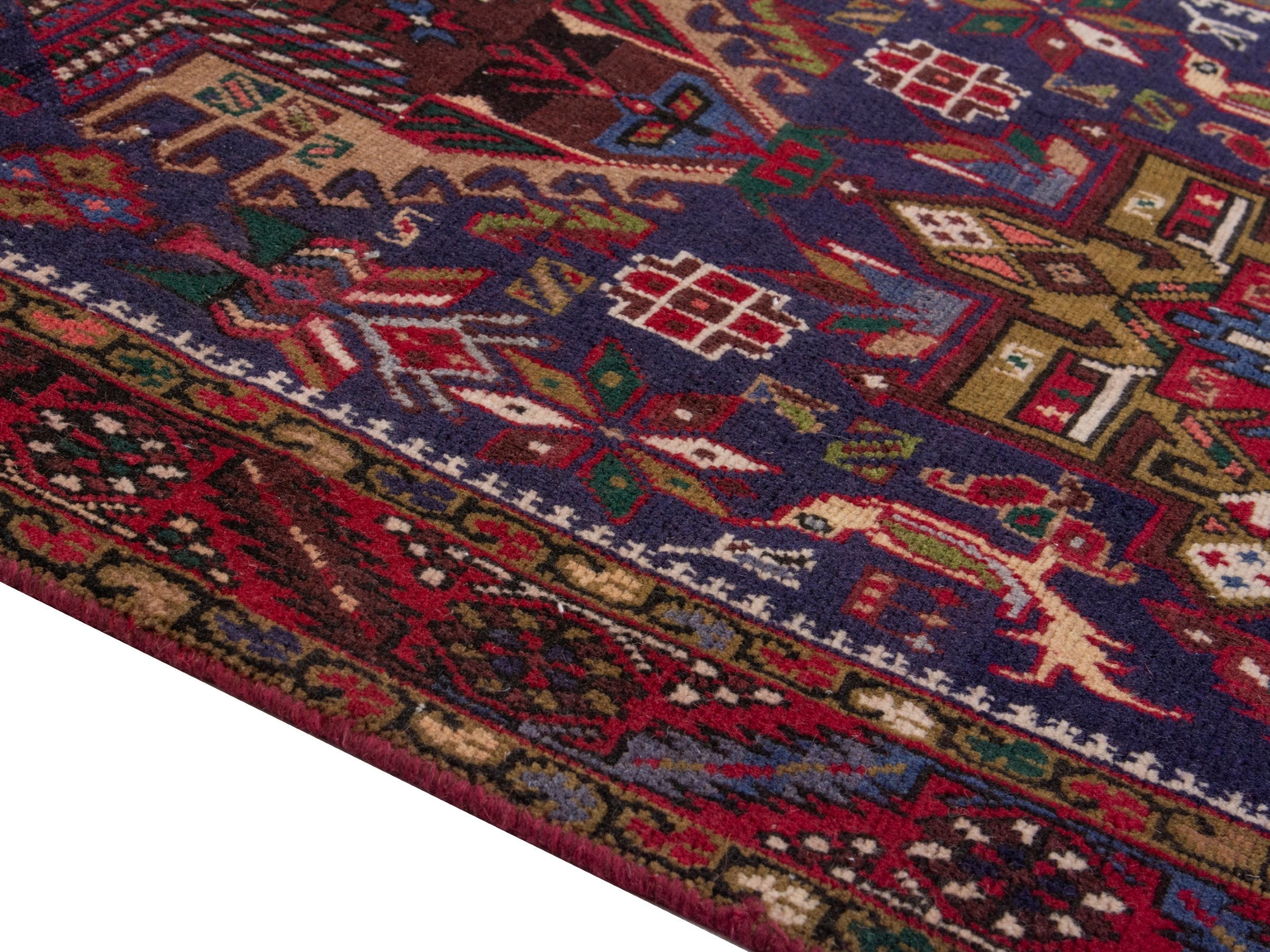 Persian Gharajeh runner rug in navy and burgundy, view 8 of 17