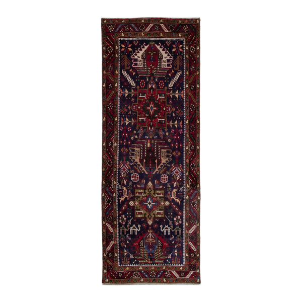 Persian Gharajeh runner rug in navy and burgundy, 3'1" x 7'7"