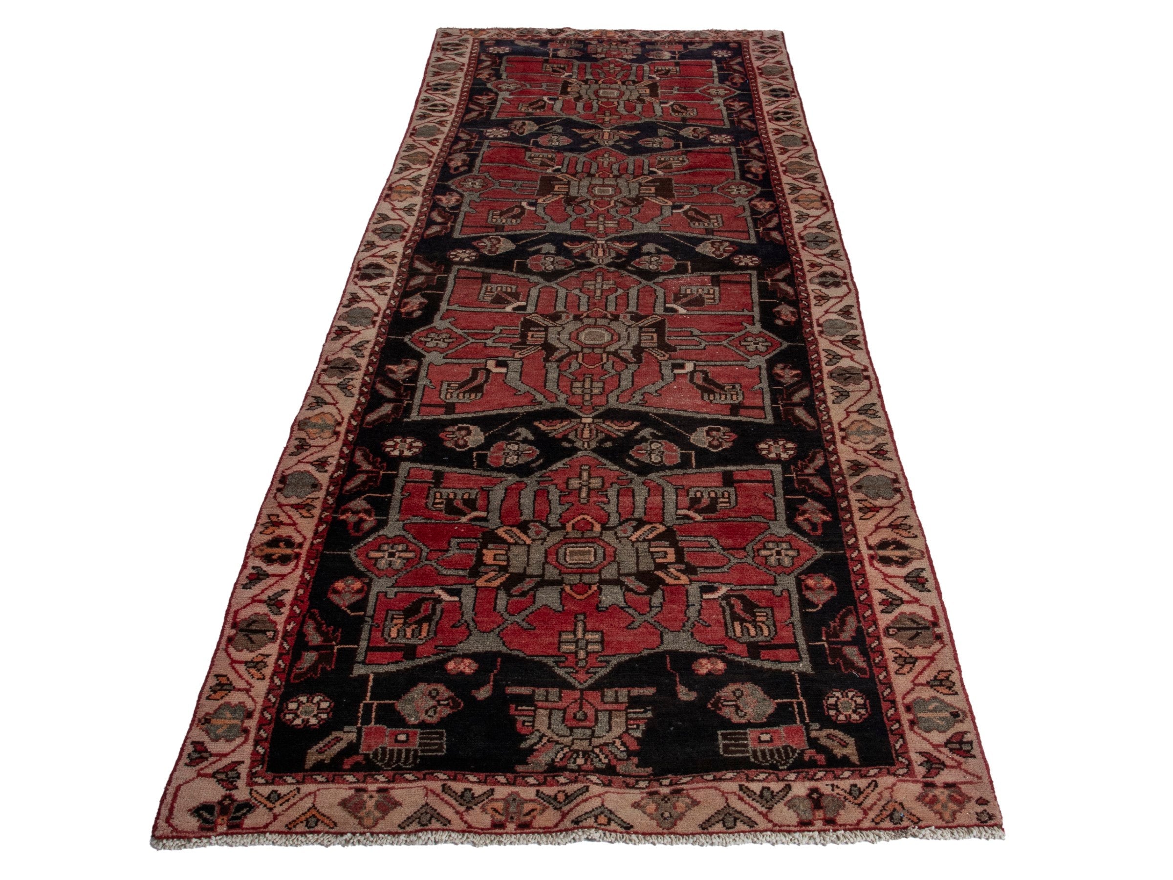 Persian Hamedan runner rug in deep red and dark blue, view 2 of 18