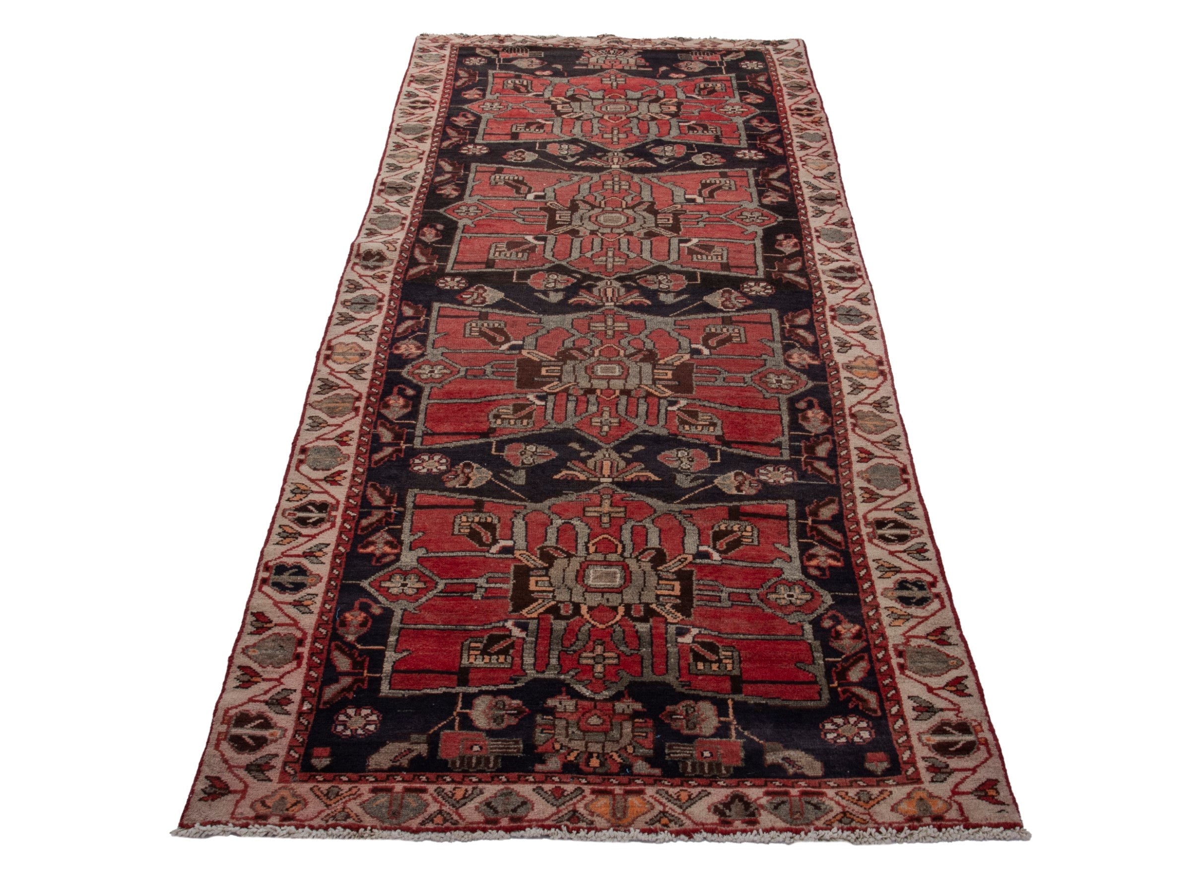Persian Hamedan runner rug in deep red and dark blue, view 3 of 18