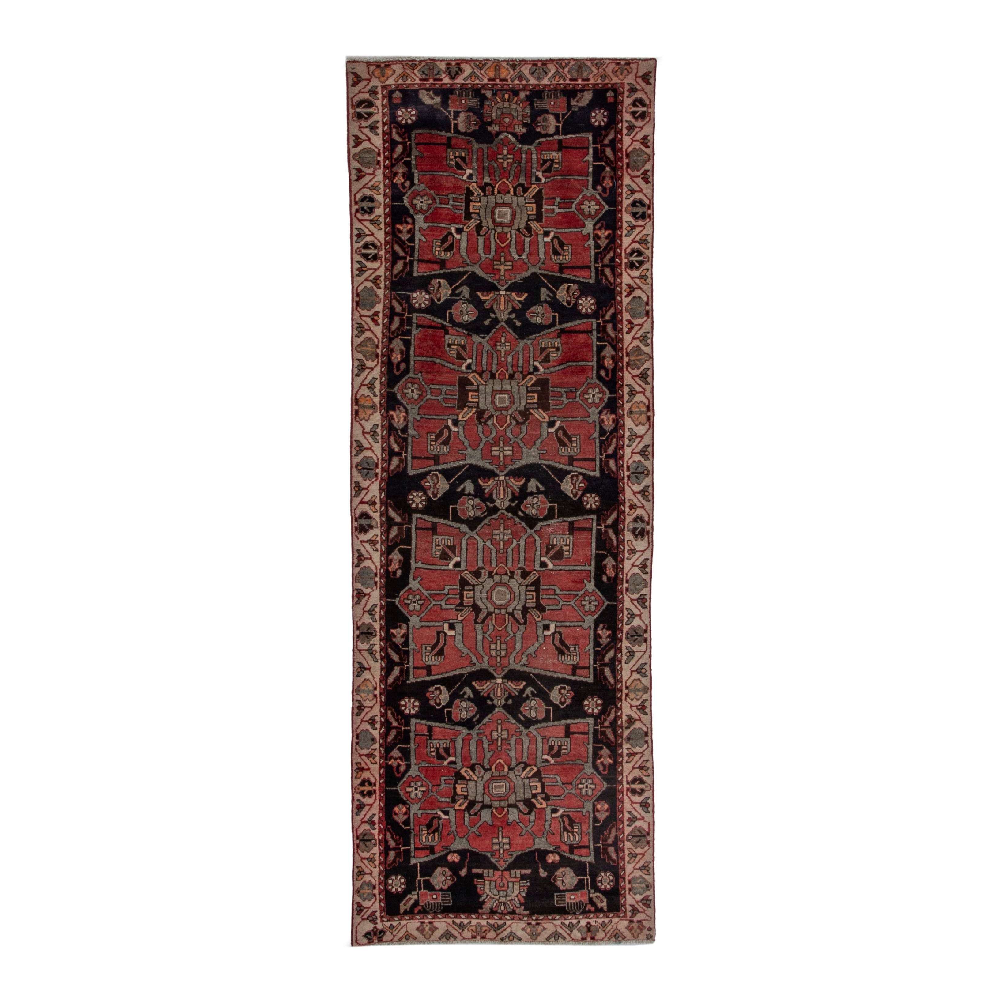 Persian Hamedan runner rug in deep red and dark blue, 3'5" x 9'8"
