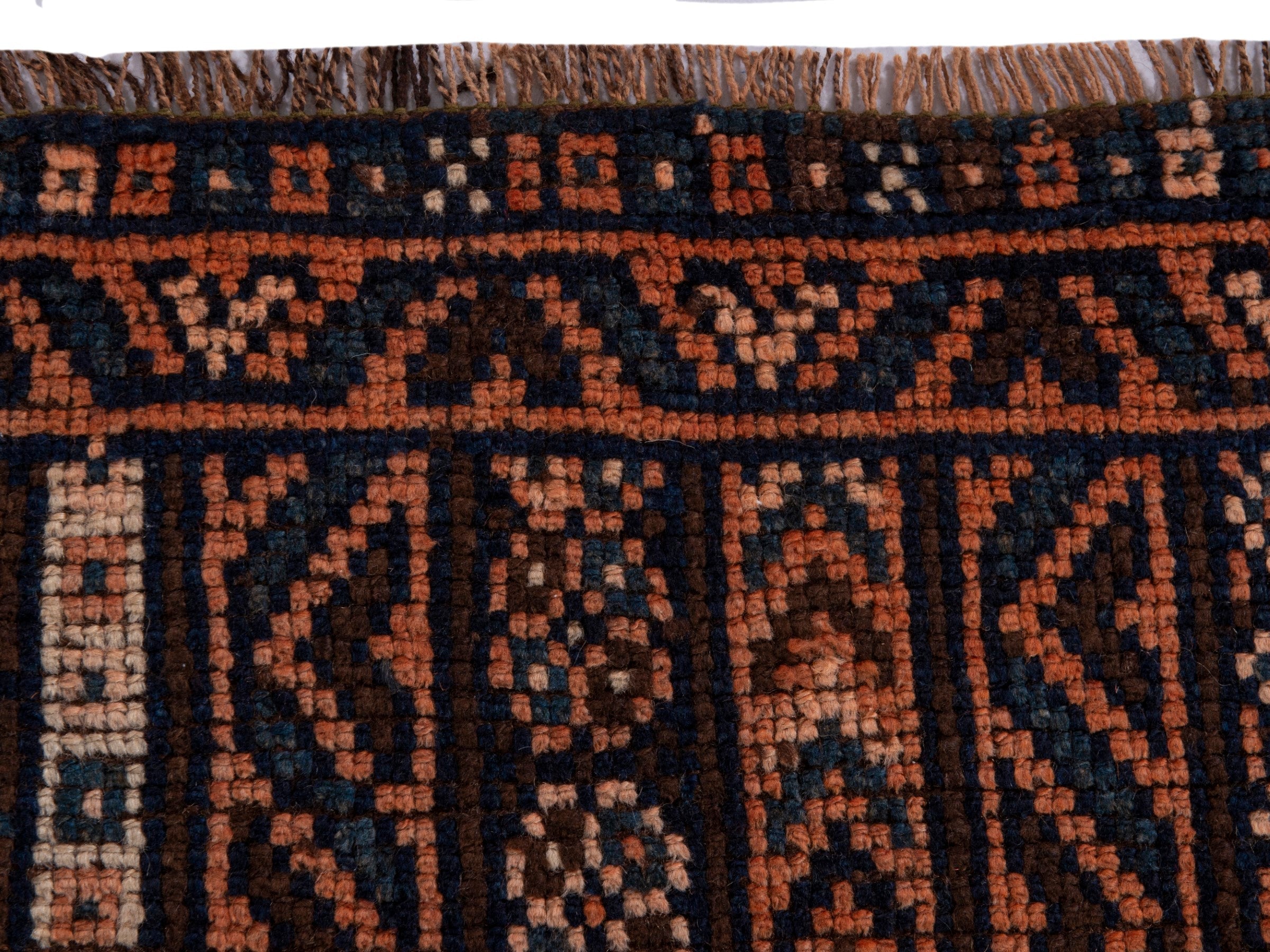 Persian Shiraz runner rug in navy and terracotta, view 14 of 18