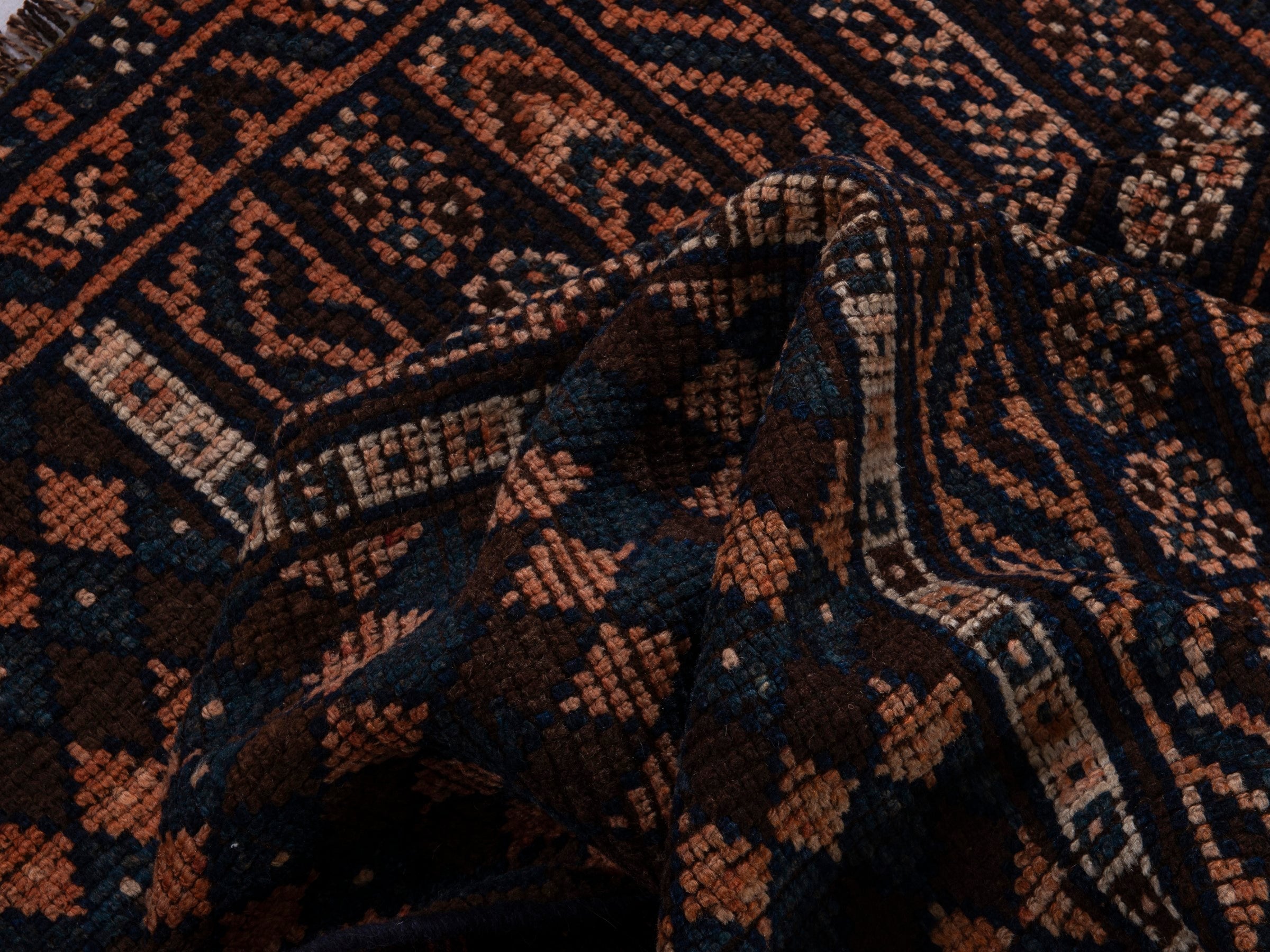 Persian Shiraz runner rug in navy and terracotta, view 15 of 18