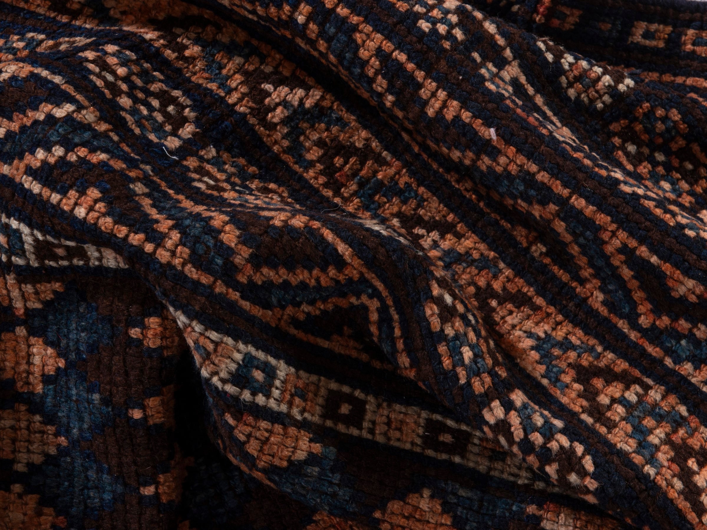Persian Shiraz runner rug in navy and terracotta, view 16 of 18