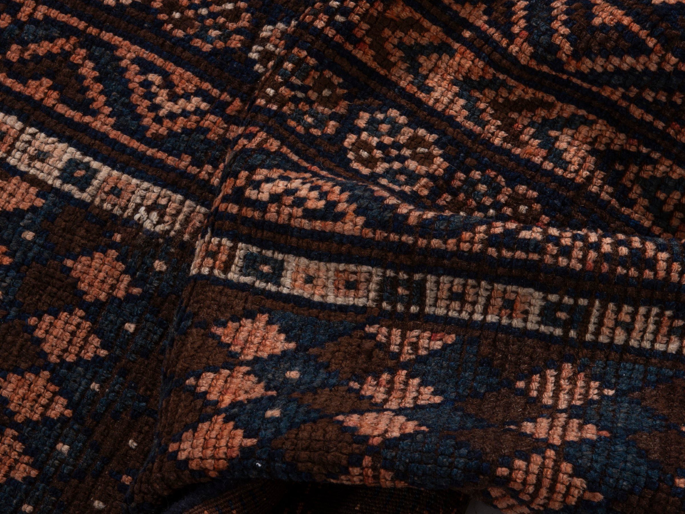 Persian Shiraz runner rug in navy and terracotta, view 17 of 18