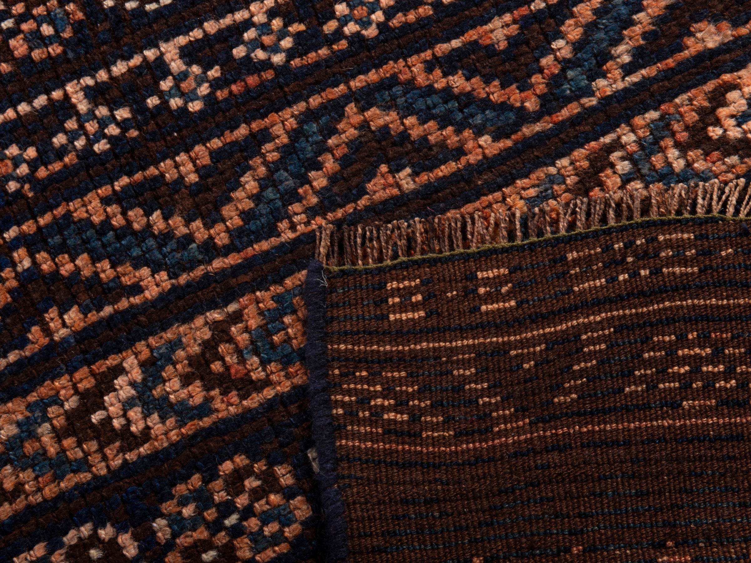 Persian Shiraz runner rug in navy and terracotta, view 18 of 18