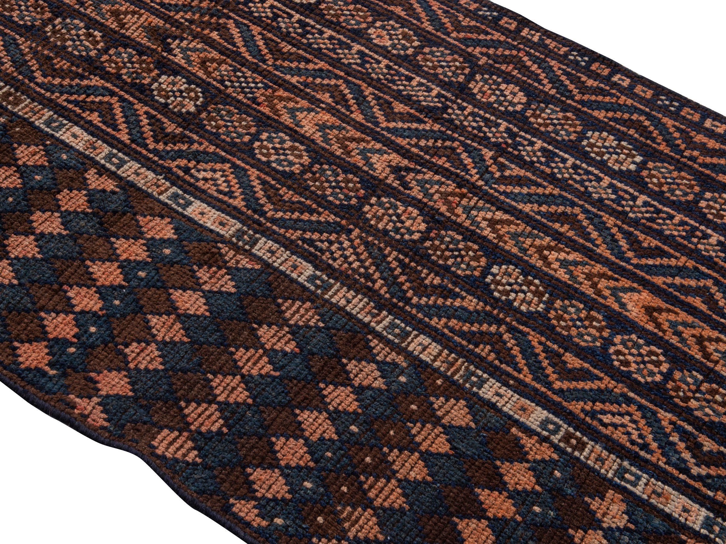 Persian Shiraz runner rug in navy and terracotta, view 4 of 18