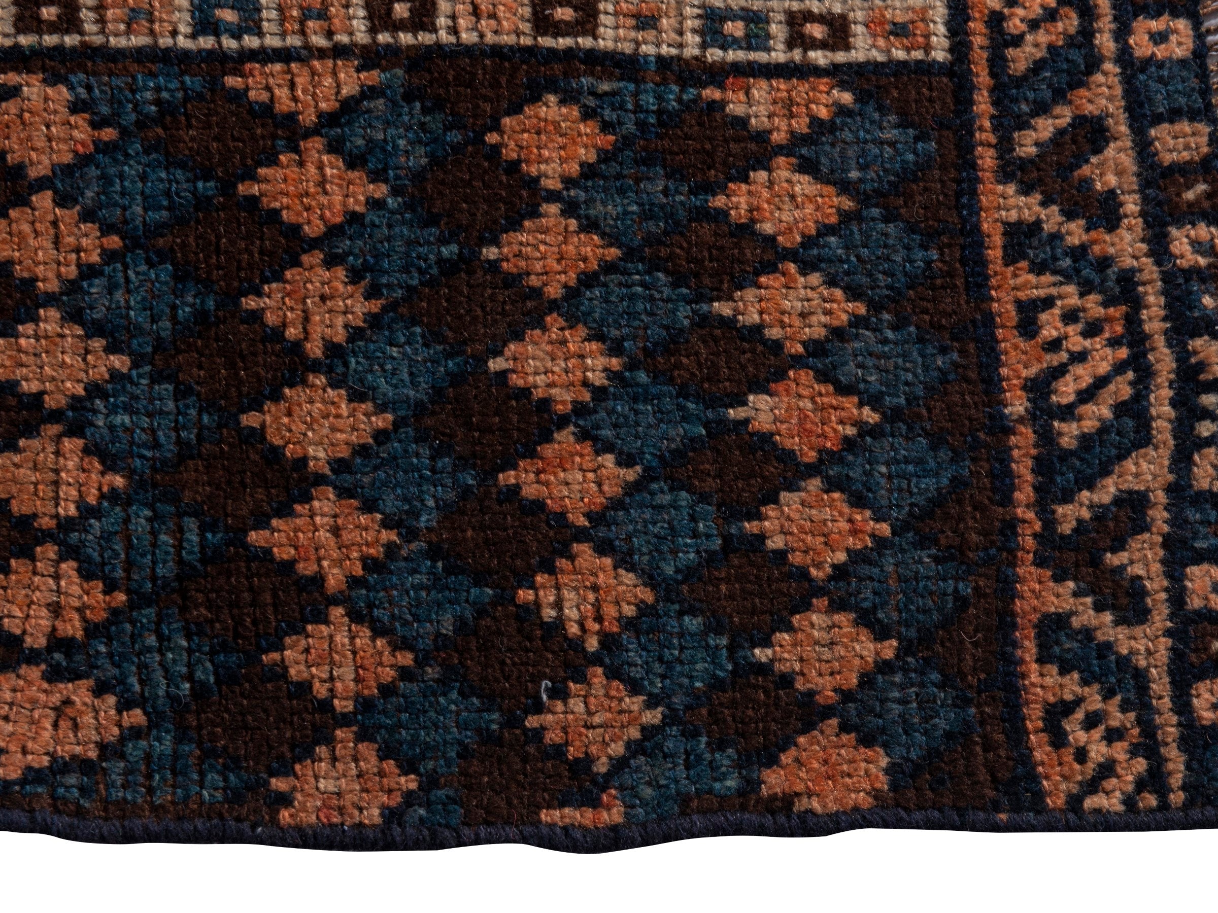 Persian Shiraz runner rug in navy and terracotta, view 5 of 18