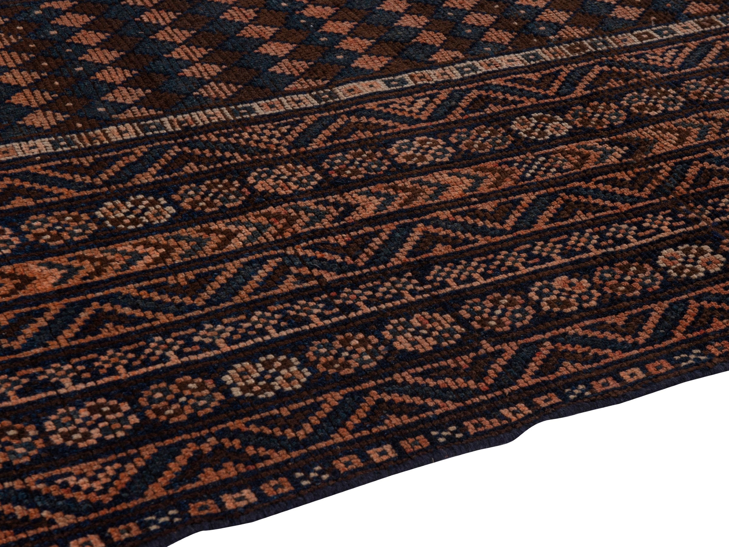 Persian Shiraz runner rug in navy and terracotta, view 8 of 18