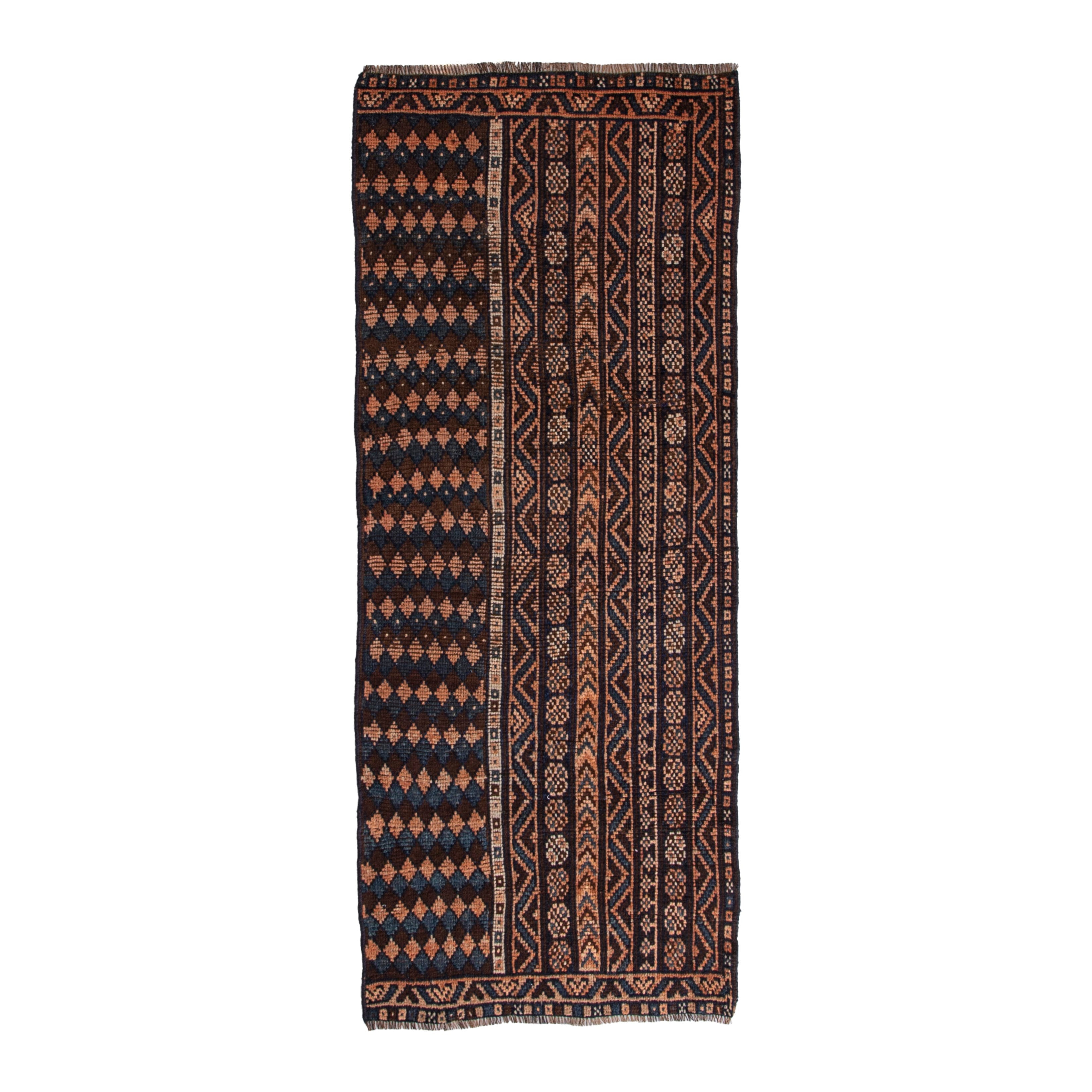 Persian Shiraz runner rug in navy and terracotta, 3'2" x 7'7"