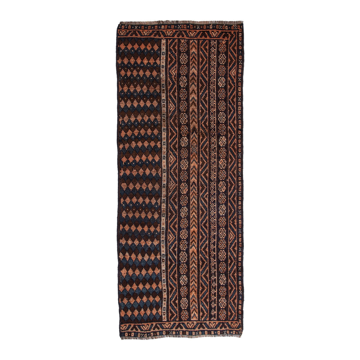 Persian Shiraz runner rug in navy and terracotta, 3'2" x 7'7"