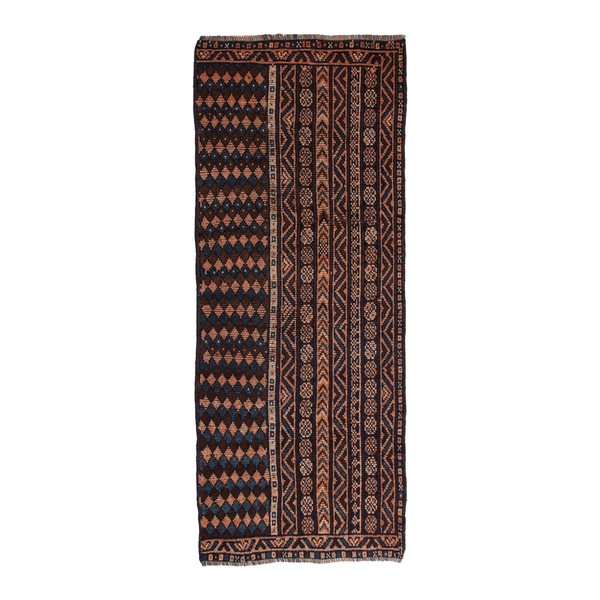 Persian Shiraz runner rug in navy and terracotta, 3'2" x 7'7"