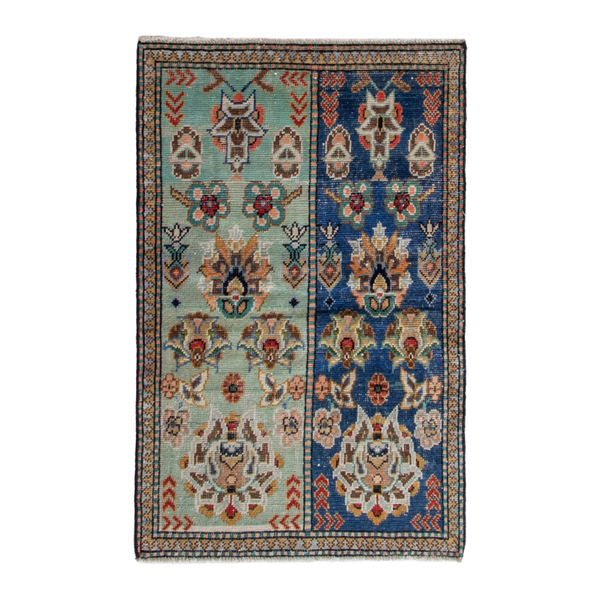 Persian Shiraz accent rug in navy and celadon, 2'11" x 4'5"
