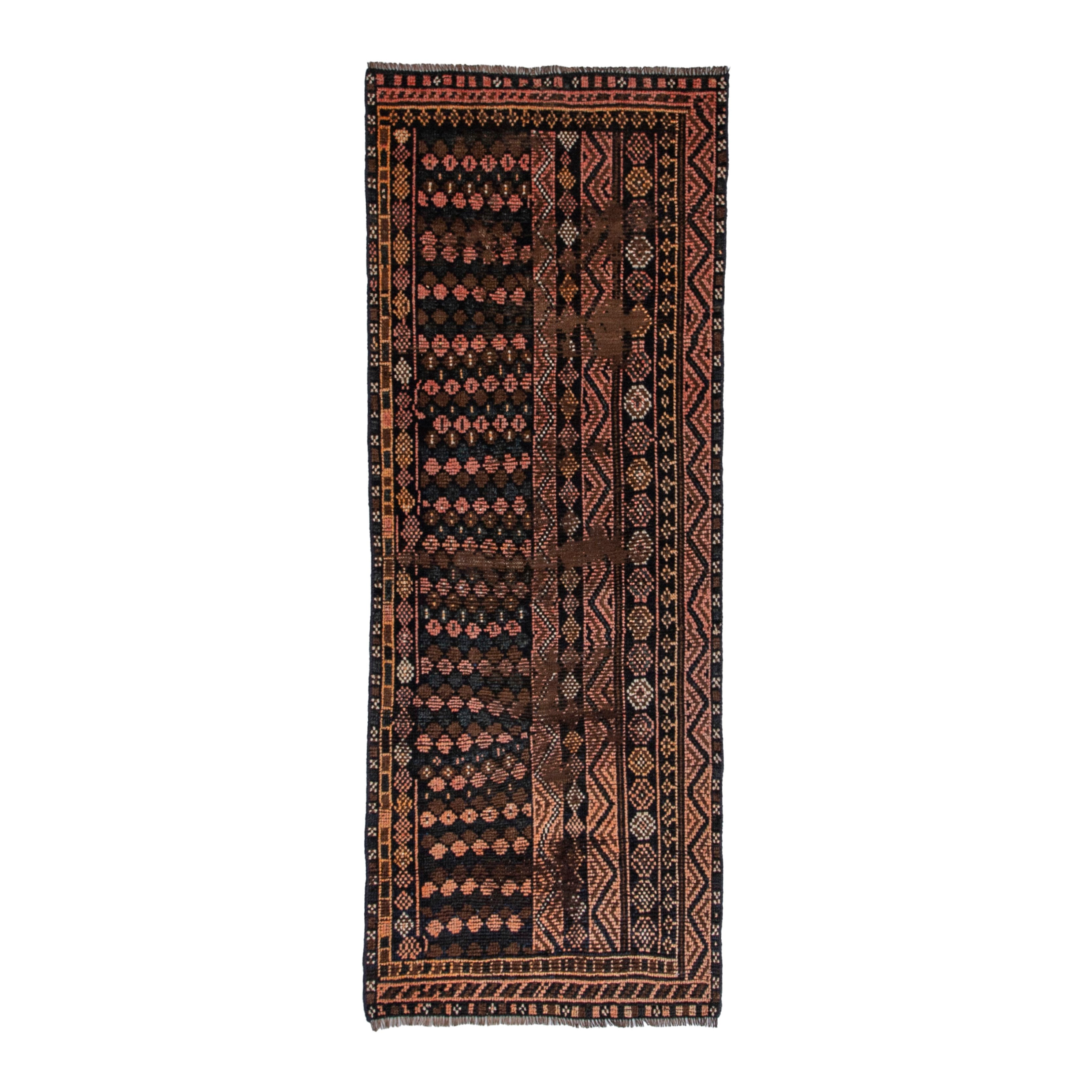 Persian Shiraz runner rug in dark brown and terracotta, 3'2" x 7'7"