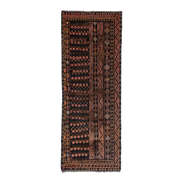 Persian Shiraz runner rug in dark brown and terracotta, 3'2" x 7'7"