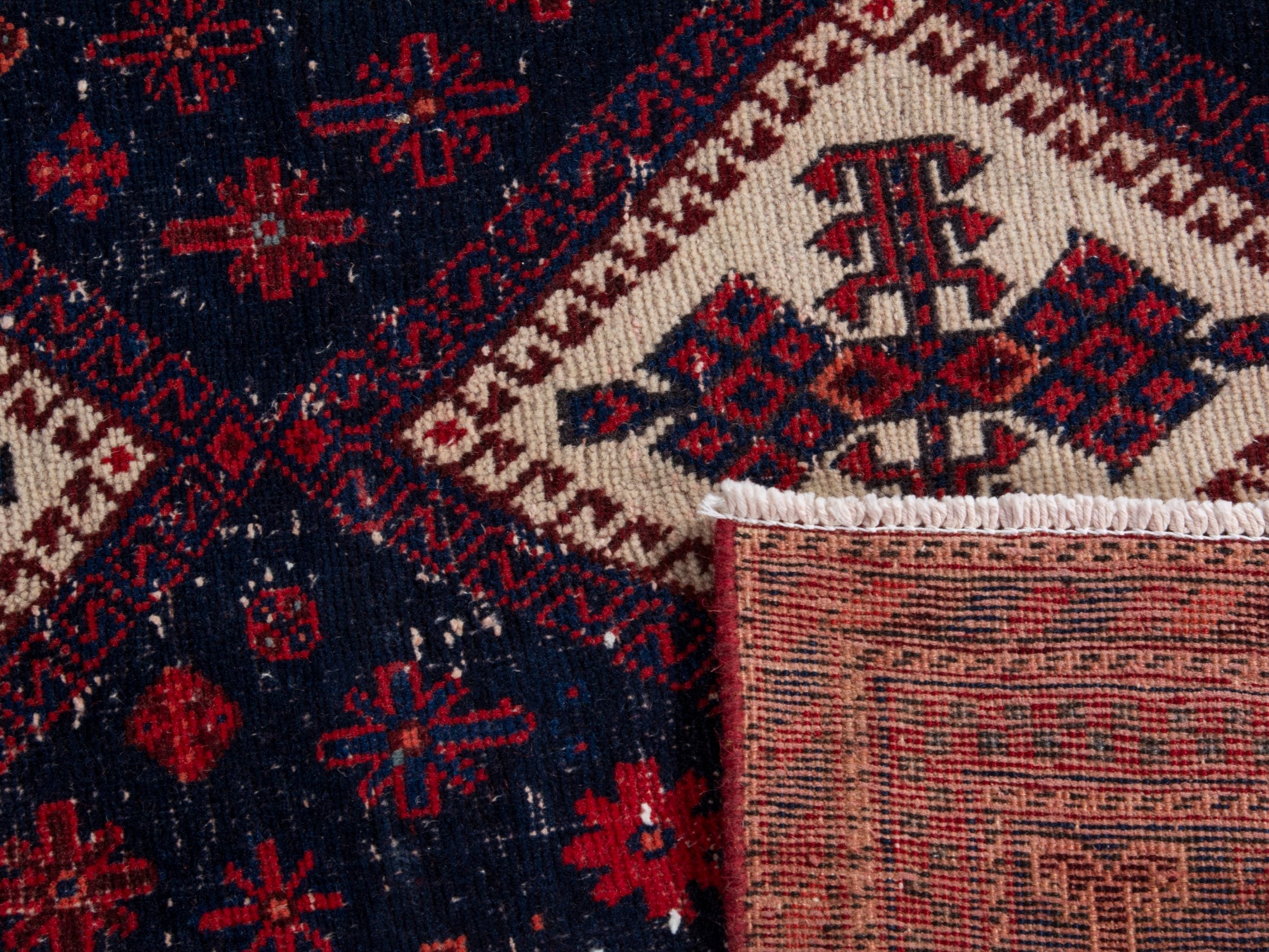 Persian Sirjan area rug in navy and deep red, view 19 of 19